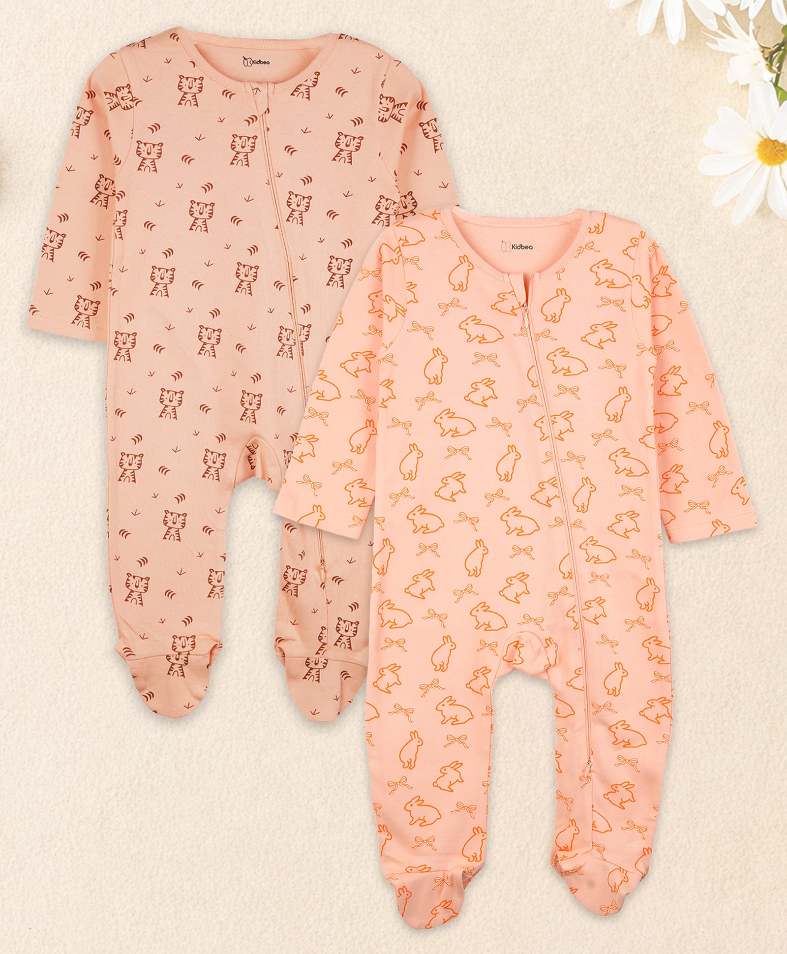 Kidbea Cotton Woven Pack Of 2 Full Sleeves Animals Printed Footed Rompers - Baby Pink & Peach-image-21