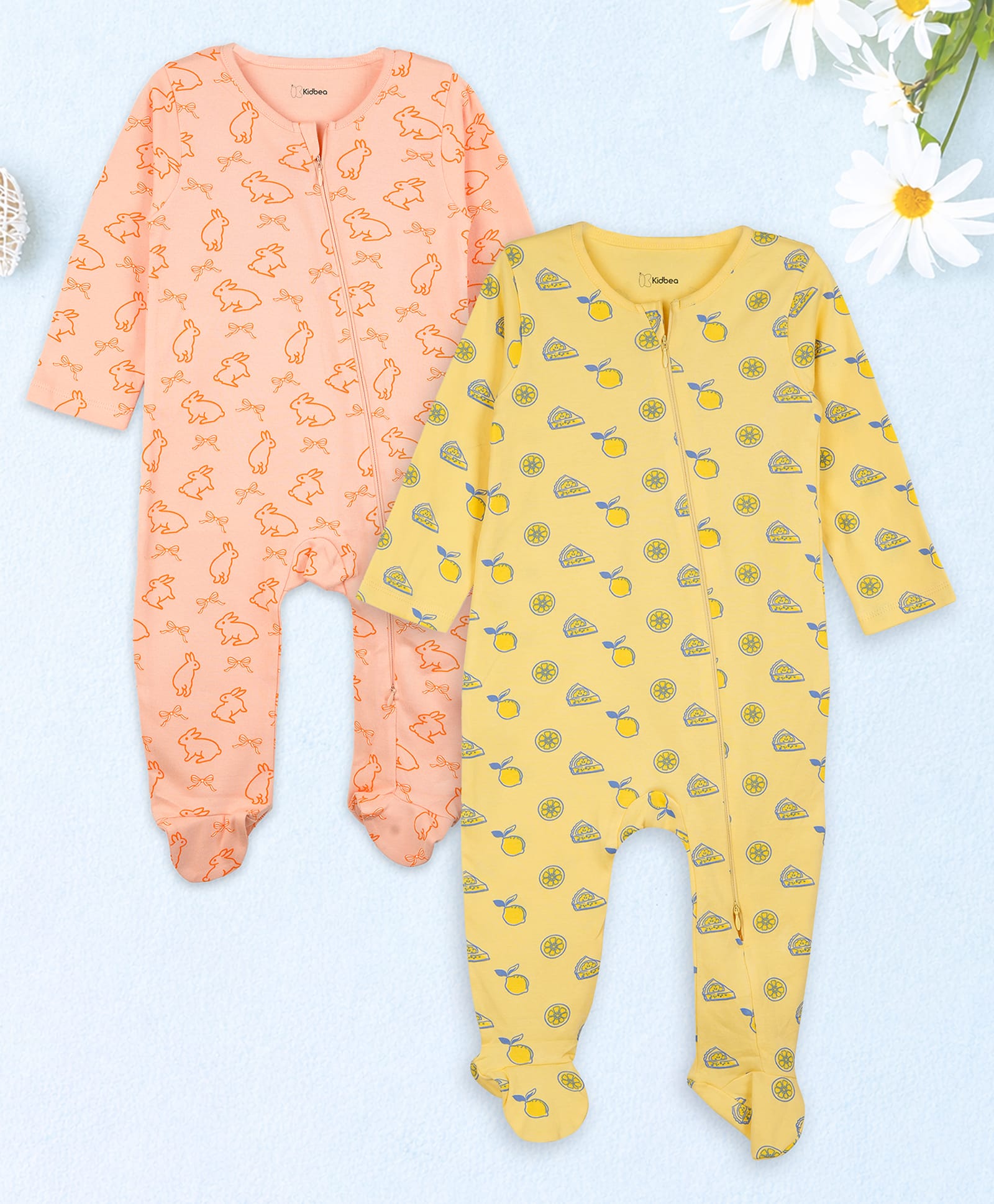 Kidbea Cotton Woven Pack Of 2 Full Sleeves Bunny & Lemon Printed Footed Rompers - Light Pink & Yellow-image-42