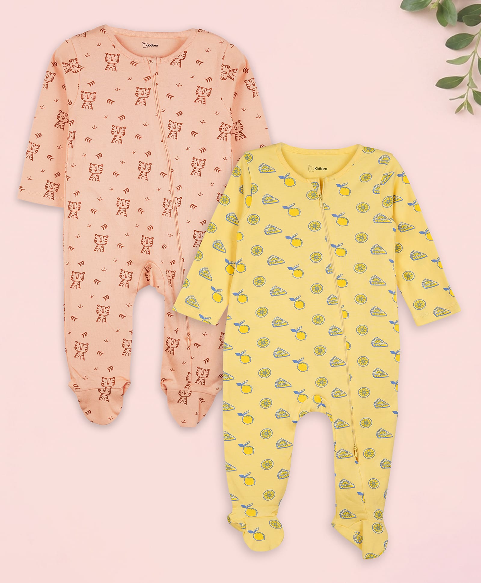 Kidbea Cotton Woven Pack Of 2 Full Sleeves Lemon & Animal Printed Footed Rompers - Peach & Yellow-image-5