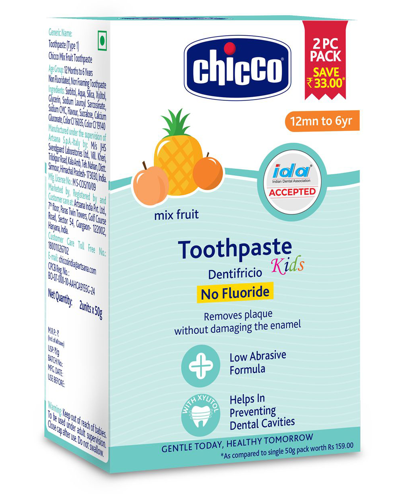 Chicco Toothpaste Mix Fruit Flavour 2 Pieces - 50 gm-image-25