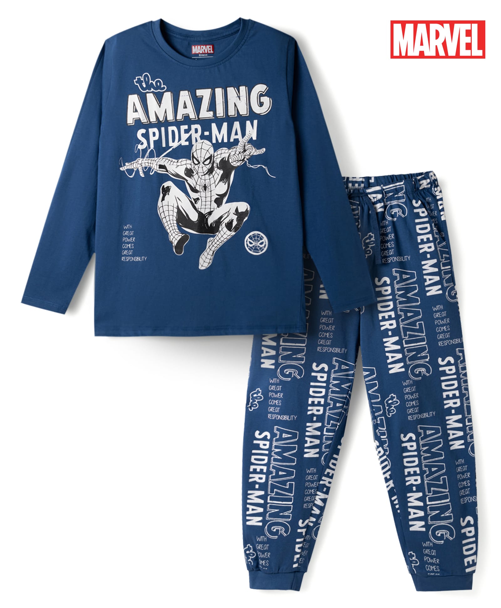 Honeyhap Marvel Single Jersey Knit Full Sleeve T-shirt & Pyjama Night Suit With Spider Man Graphic & Text Print - Blue-picture-22