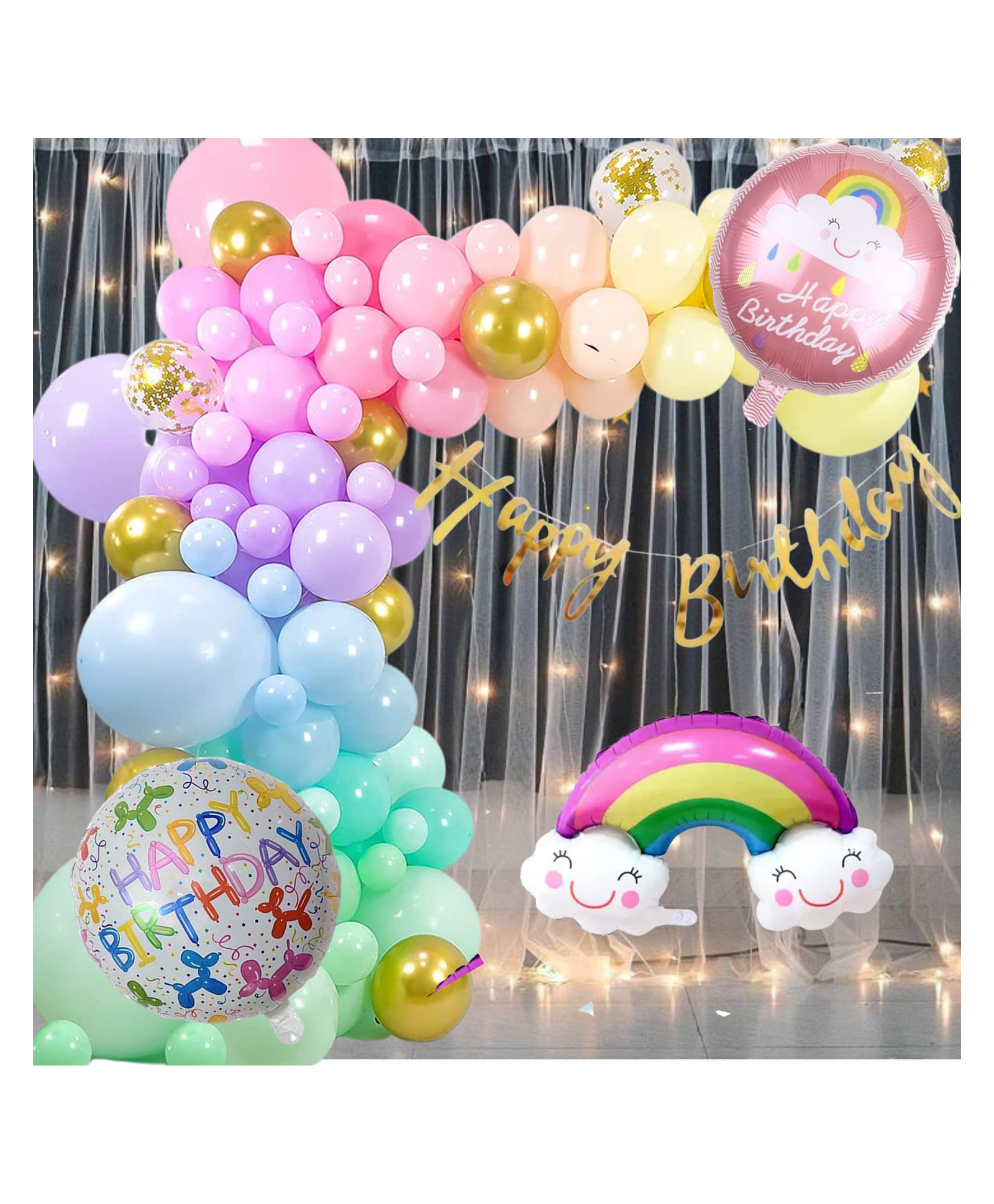 Puchku Happy birthday Net Curtain LED Light 71 Pcs Combo for Kids pastel décorbirthday party first 1st 2nd 5th 10th