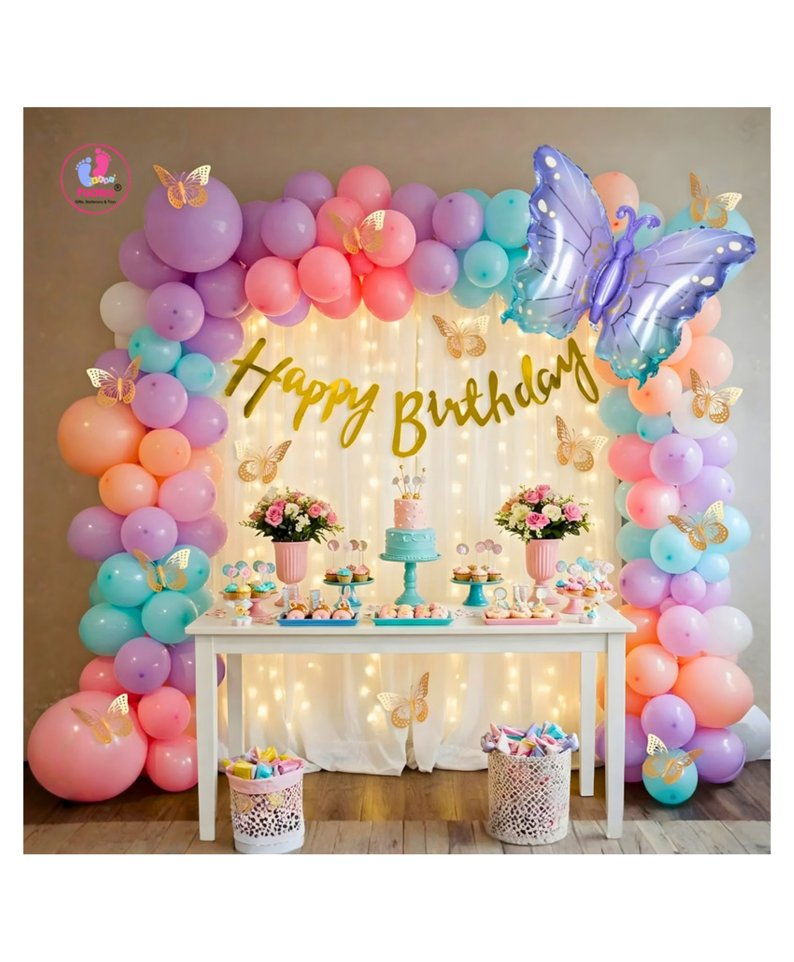 Puchku Butterfly Theme Birthday Party Decorations with Pastel Balloons for Decoration-82pcs-image-26