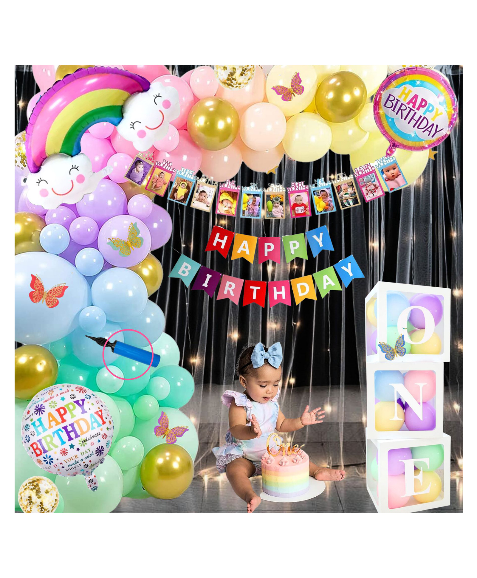 Puchku Premium Happy Birthday Combo KIT Rainbow Foil balloon Set for first 1st birthday Theme girl kids Pack of 85 Multicolor-image-36