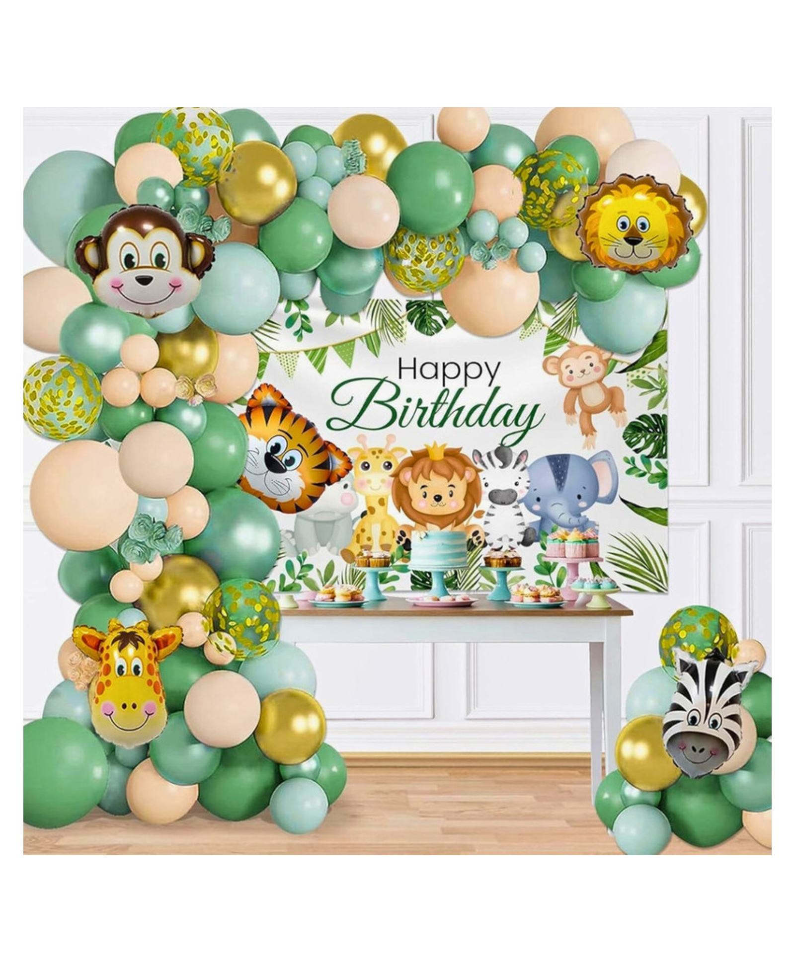 Puchku ungle Theme Birthday Decoration Kit for Baby Boy with Jungle Wall Poster, Animal Foil Balloon Set, Green Balloons for Decoration, Animal Theme Birthday Party Decorations- 58 Pcs-image-42