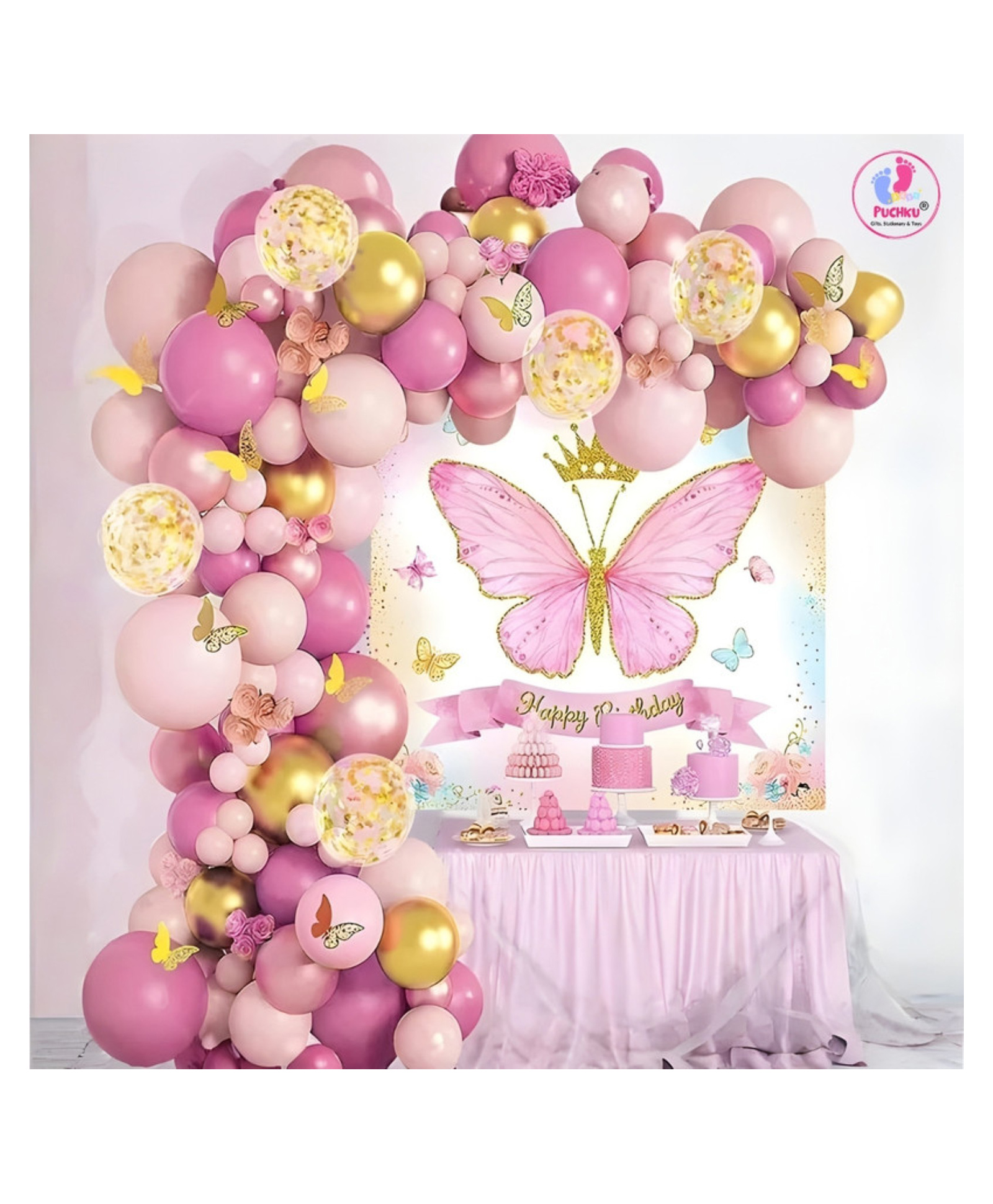 Puchku Butterfly Theme Birthday Decoration Kit For Girls-65Pcs-image-12