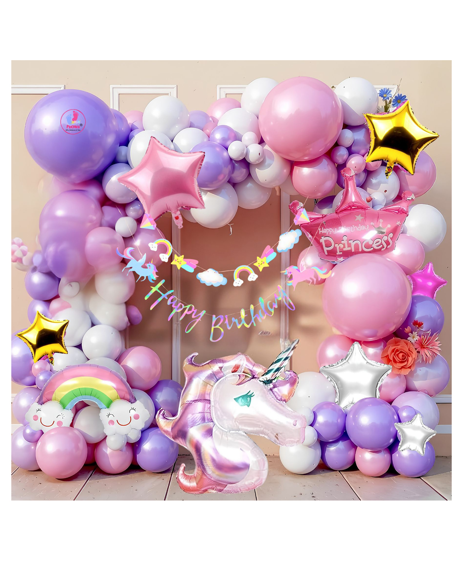 Puchku Unicorn Theme Birthday Decorations Kit For Girls - 63 Pcs, Happy Birthday Banner (Foil Balloon),Unicorn,Princess,Rainbow,Star Foil Balloons,Hooks - Multicolor-image-17