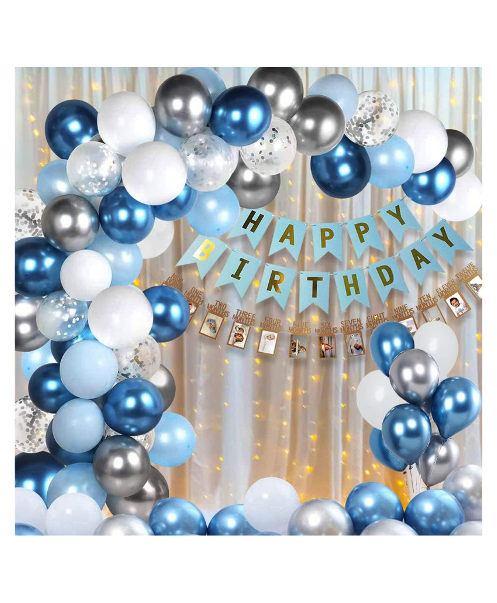 Puchku 1St Birthday Decoration Kit for Boys - 53 Pcs First Happy Birthday Decorations Boy, 1 Set of 12 Frames Monthly Banner, Net Curtains, String Light, Multicolor-picture-11