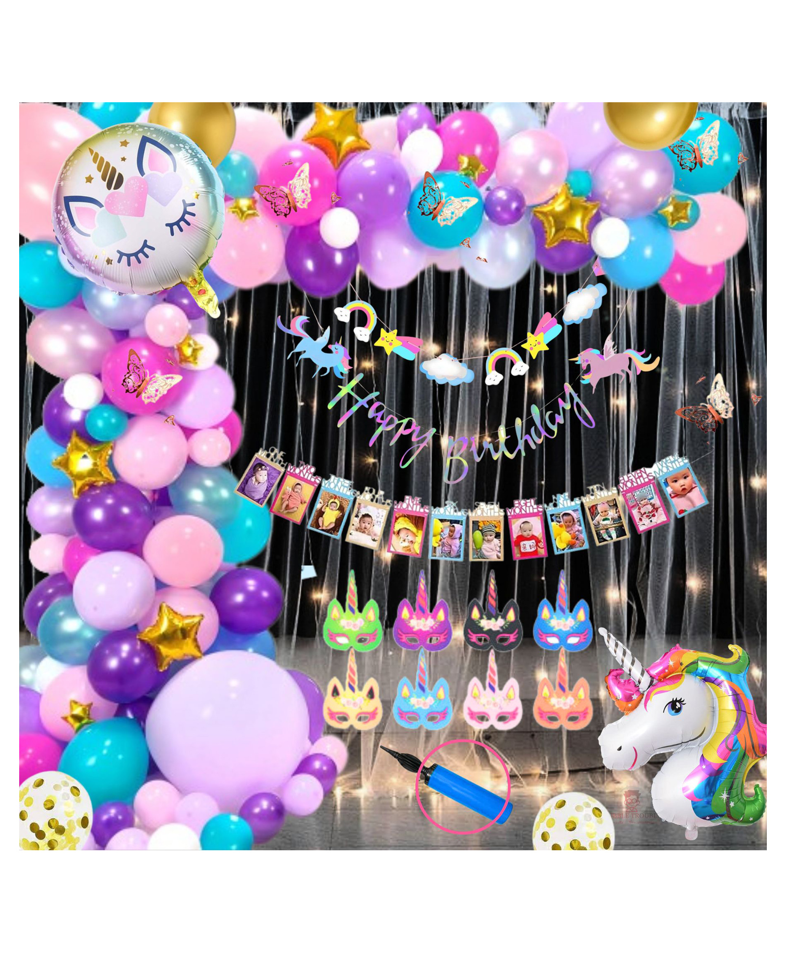 Puchku Premium Happy Birthday Foil balloon Set for first 1st birthday Unicorn Theme girl kids ( pack of 91 Multicolor)-image-48