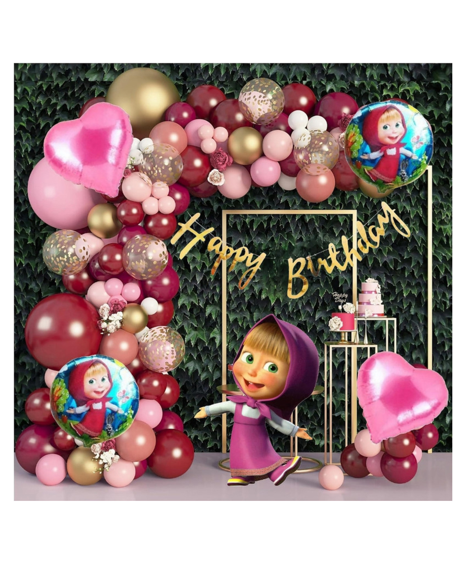 Puchku artoon Birthday Party Decoration Set, Balloon Garland Kit with Gold Happy Birthday Banner, Pink and Burgundy Balloons, Heart Shaped Foil Balloons | 73 Pcs-image-46