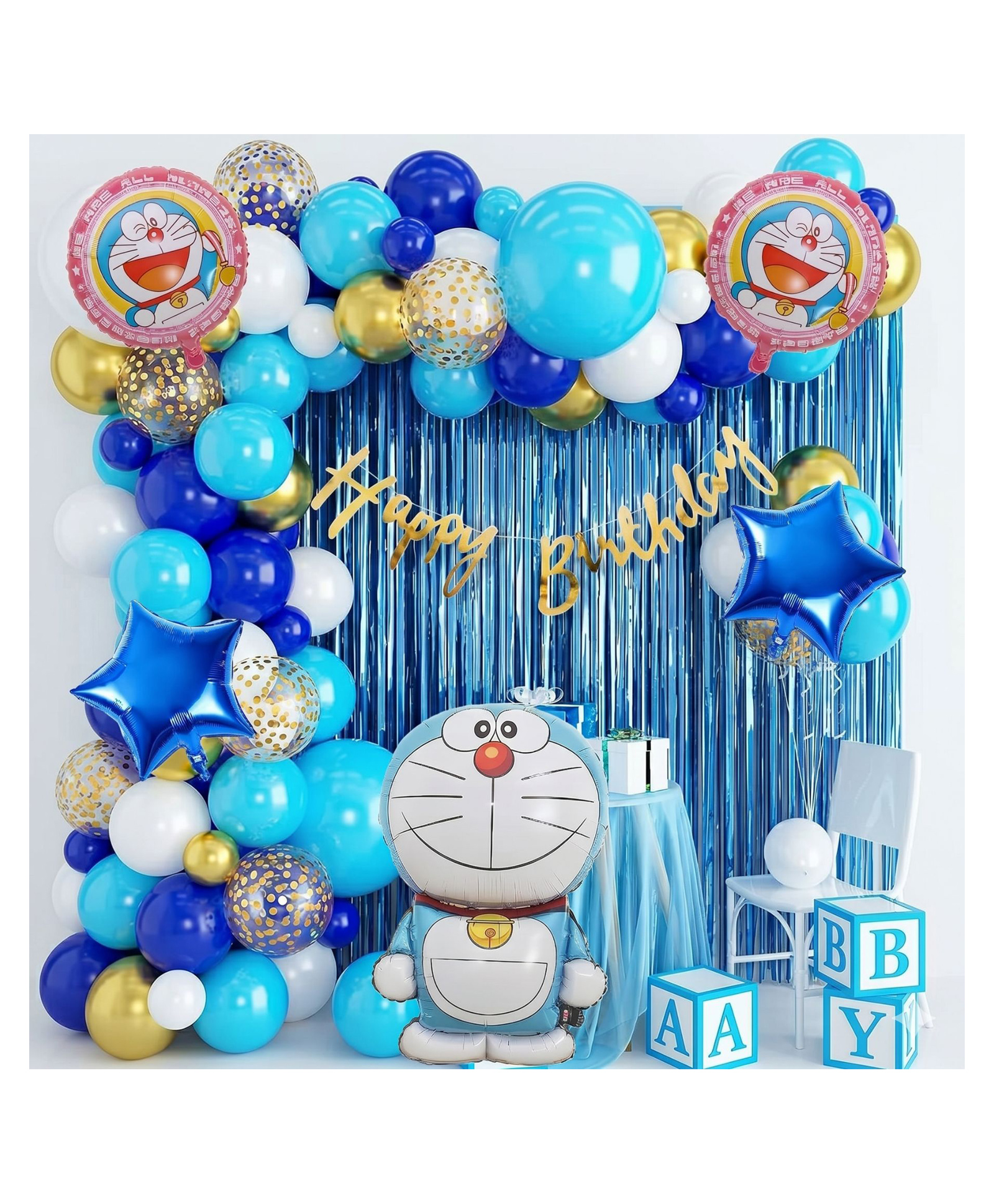 Puchku Cartoon Theme Birthday Party Decoration Set, Balloon Arch Kit, Blue and Gold Balloons with Foil Curtain, Character Design | 75 Pieces-image-42