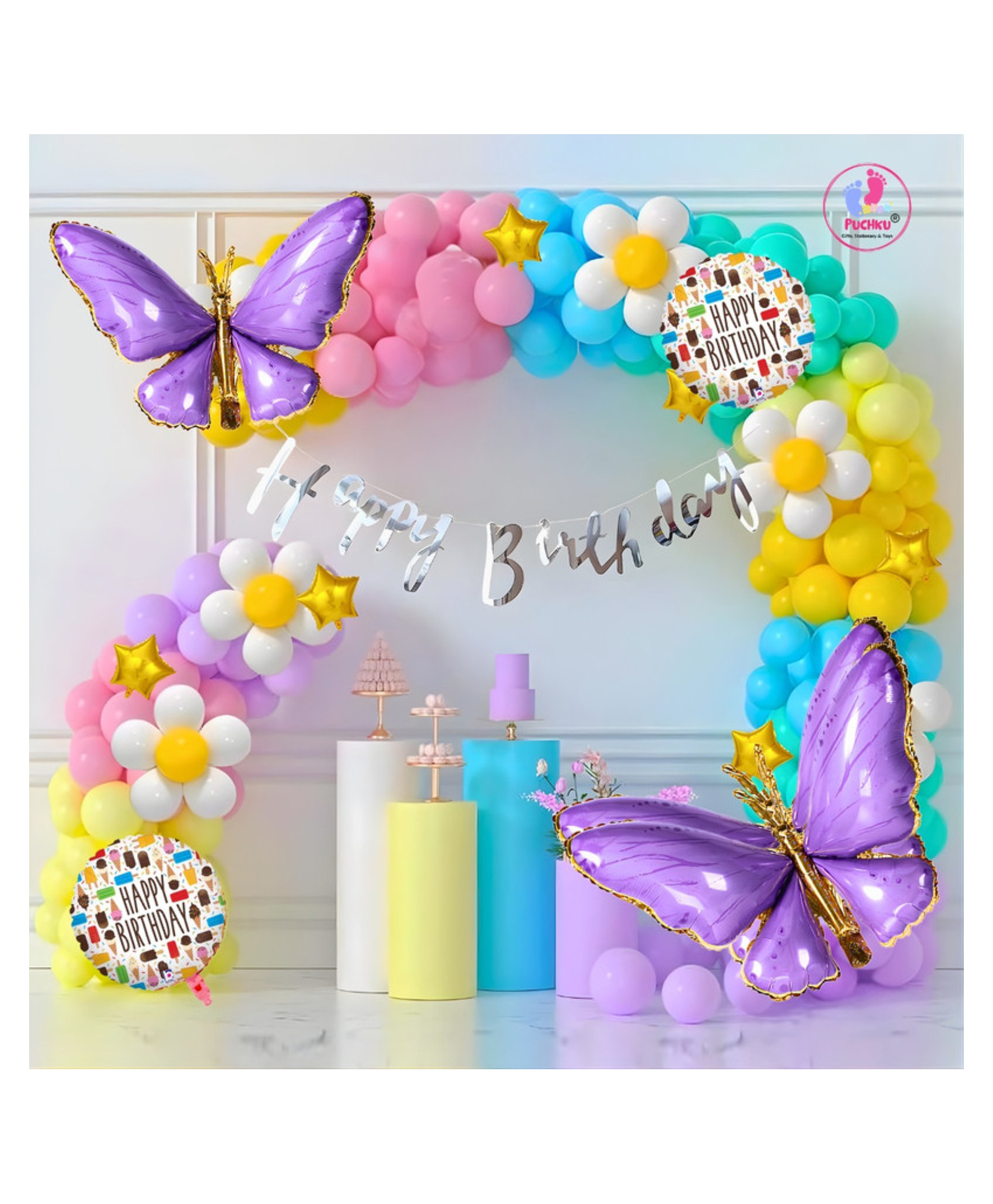 Puchku Cartoon Birthday Party Decoration Set, Balloon Garland Kit with Pink and Burgundy Balloons, Gold Frame, Heart Shaped Foil Balloons | Masha Decoration Theme | 140 Pcs-image-43