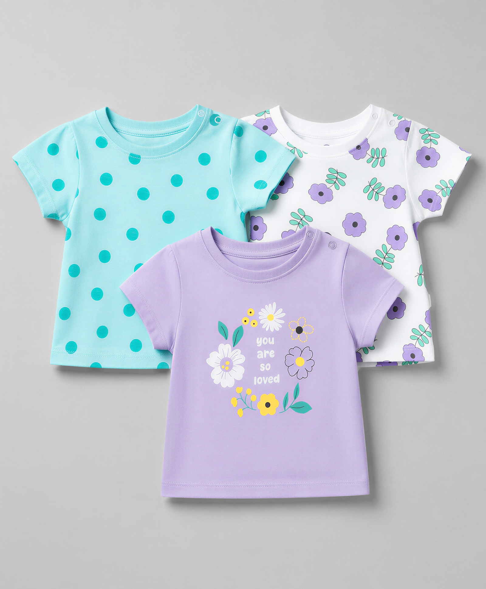 Doodle Poodle 100% Cotton Knit Half Sleeves Polka Dots & Floral Printed Tops Pack Of 3 - Aqua Blue Lavender & White-image-8