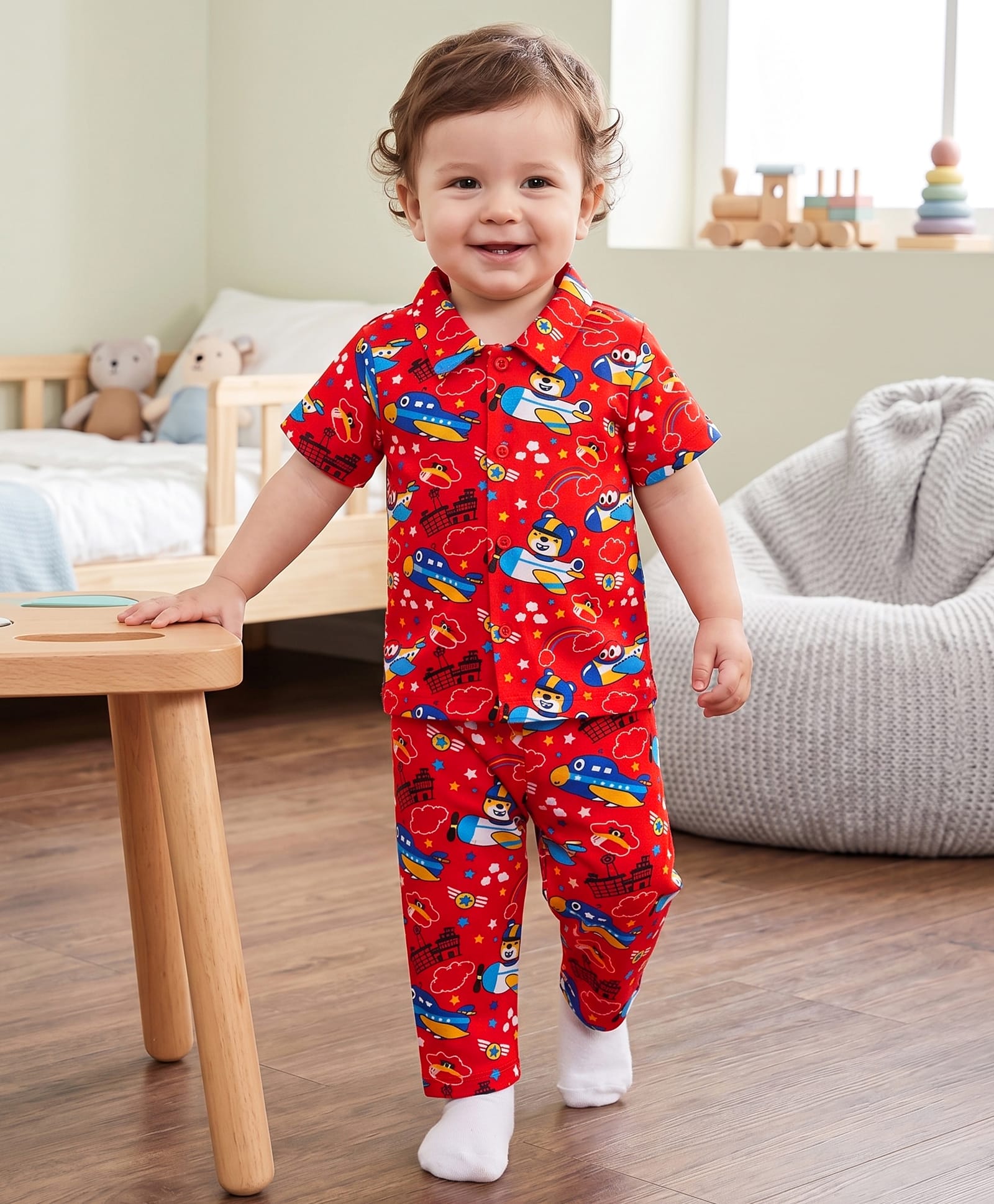 Doodle Poodle Single Jersey Knit Full Sleeves Shirt & Pyjama Co-ords Night Suit With Bear & Vehicle Print - Red-image-40