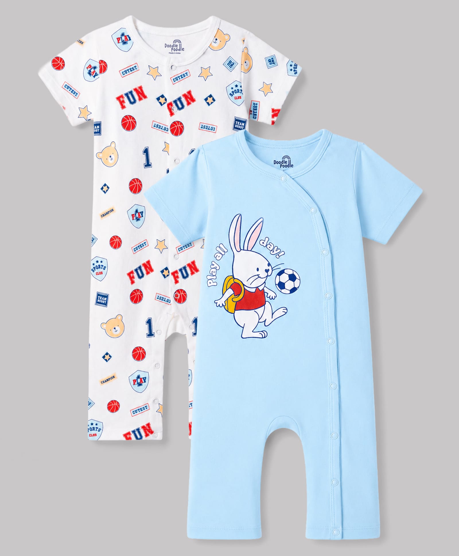 Doodle Poodle 100% Cotton Knit Half Sleeves Bunny & Sports Theme Printed Rompers Pack Of 2 -White & Light Blue-image-25