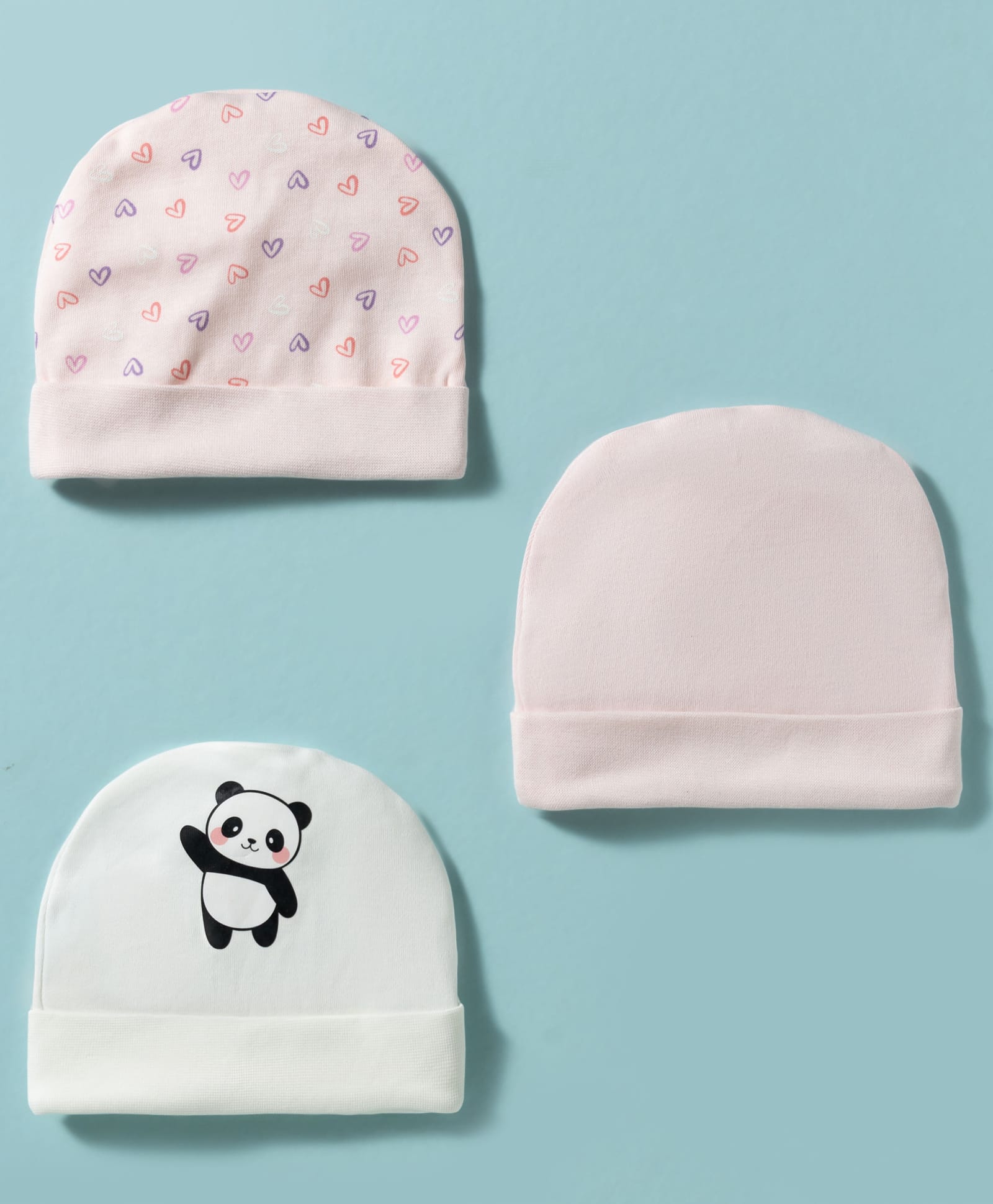 Bubble Pop Interlock Knit Baby Caps With Heart & Animal Print Pack of 3 Multicolor - Diameter 11 cm-picture-24