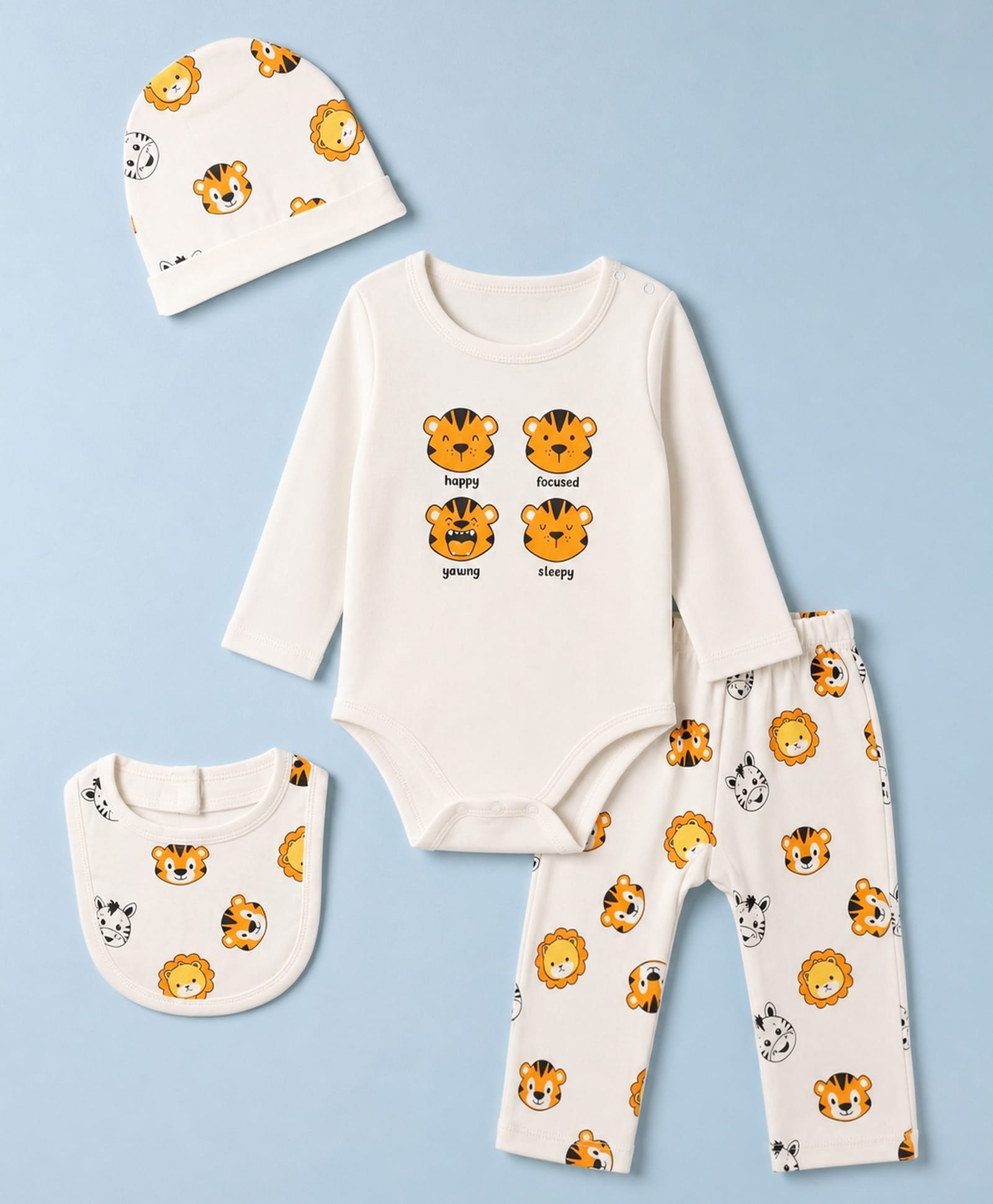 Doodle Poodle Interlock 100% Cotton Knit Animal Printed Full Sleeves Onesies With Diaper Leggings ,bib & Cap - Bright White-picture-2