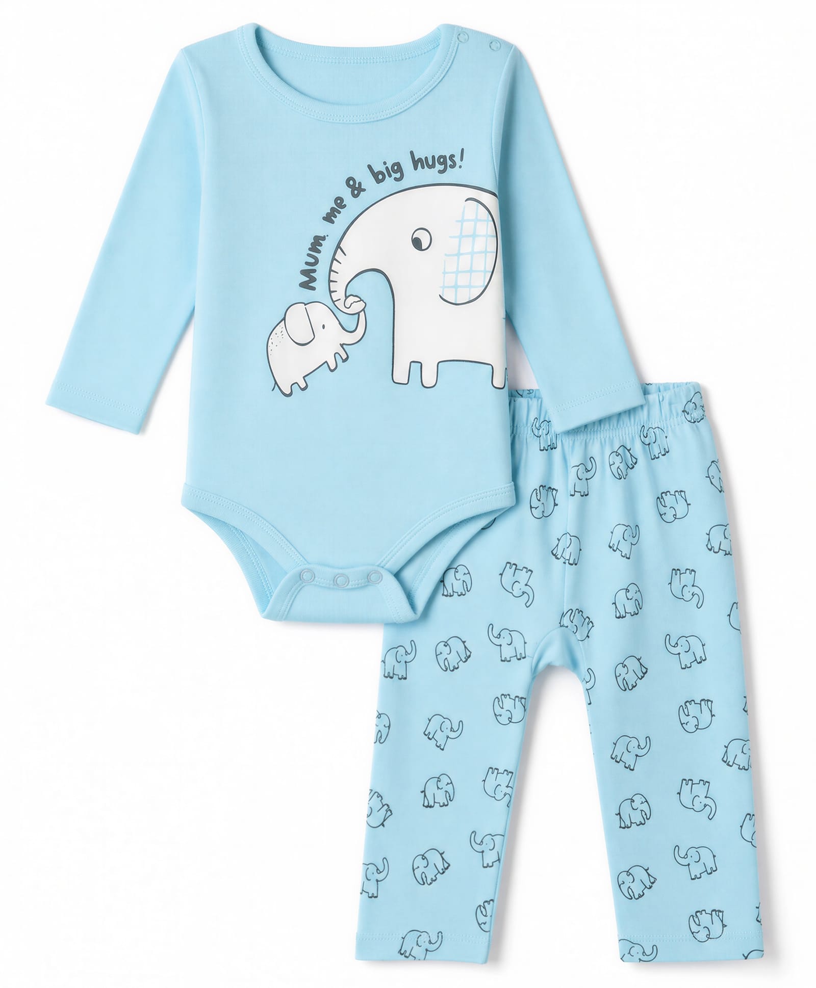 Doodle Poodle Interlock Knit 100% Cotton Printed Full Sleeves Elephant Printed Onesies With Diaper Leggings - Blue-picture-1