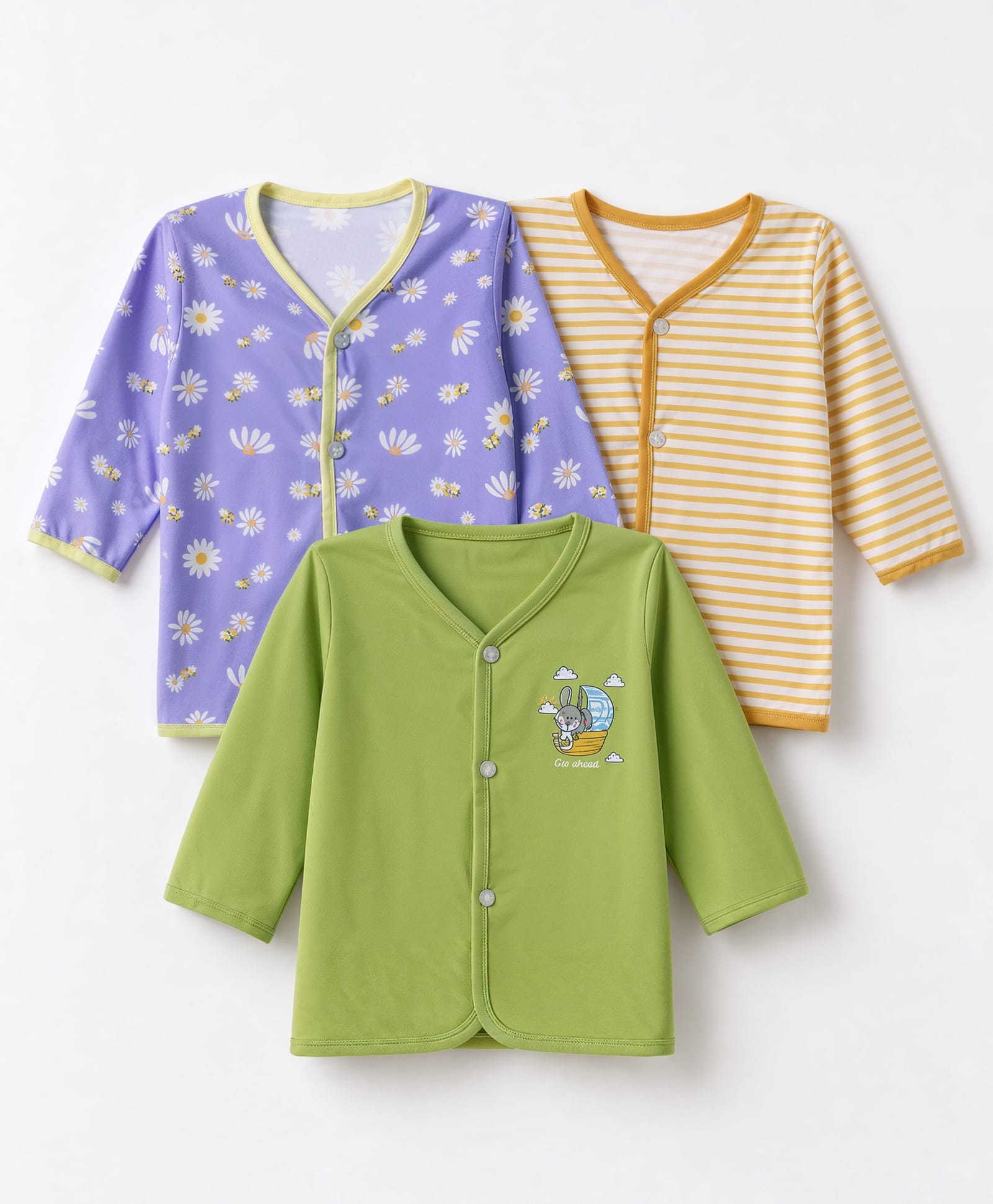 OHMS Single Jersey Knit Full Sleeves Striped Jhablas With Floral Print Pack of 3 - Green Violet Orange-image-36