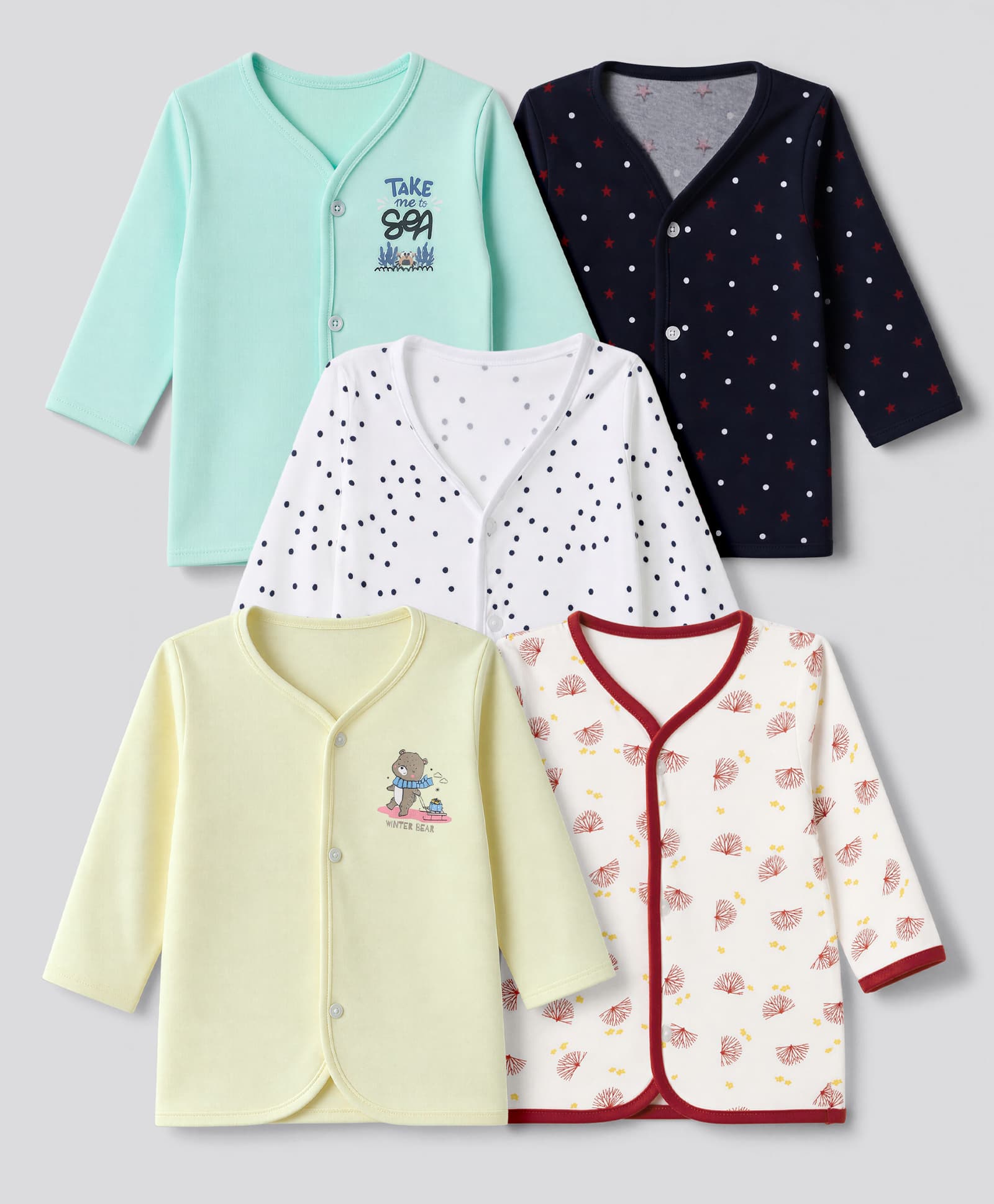 OHMS Single Jersey Knit Full Sleeves Polka Dots Stars Crab Bear & Floral Printed Jhablas Pack of 5 - Black Yellow Red Blue & White-image-14
