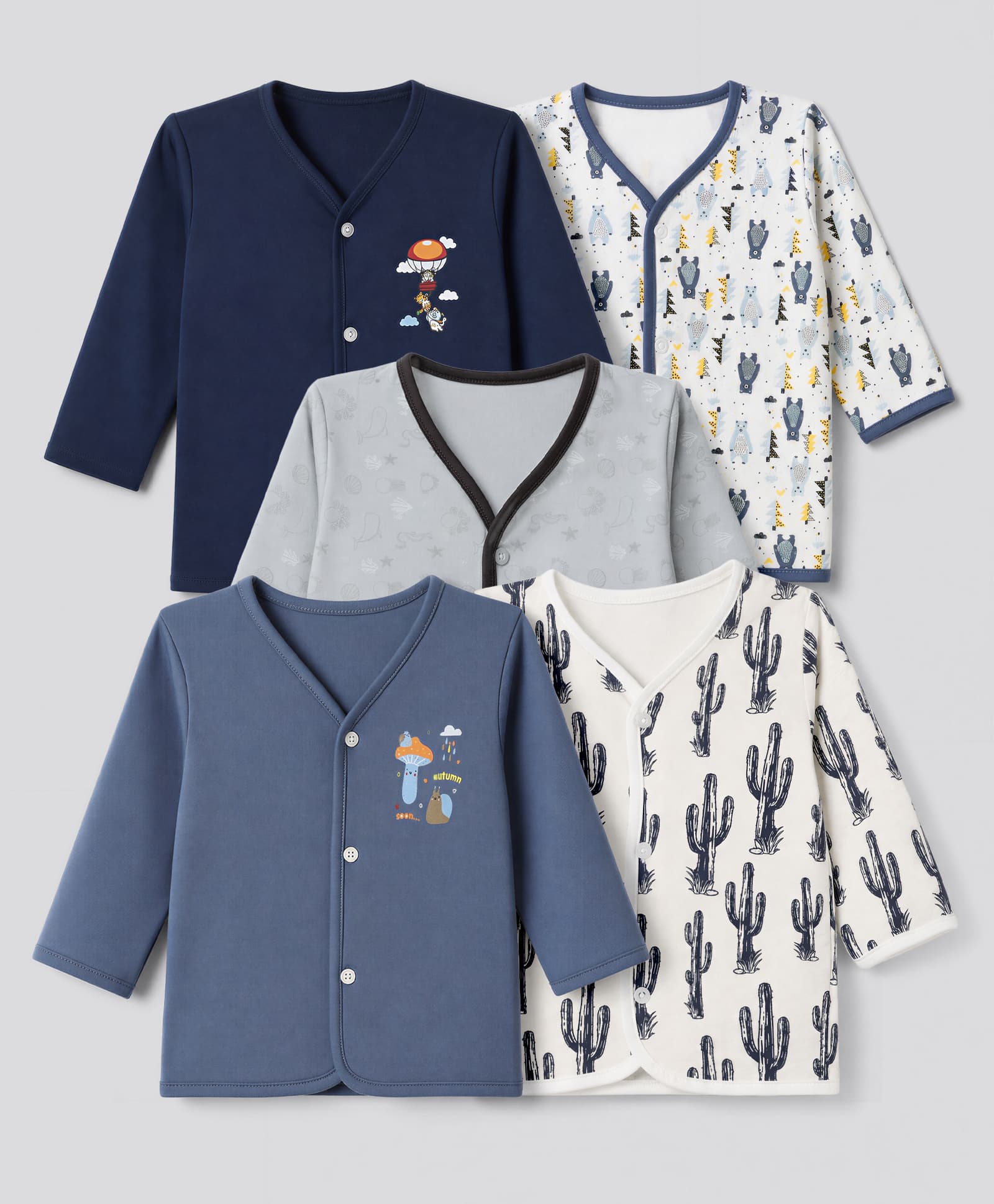 OHMS Single Jersey Knit Full Sleeves Jhablas with Cactus Snail Mushroom Kittens & Sea Life Print Pack of 5 - Black White Grey Light Blue-image-31