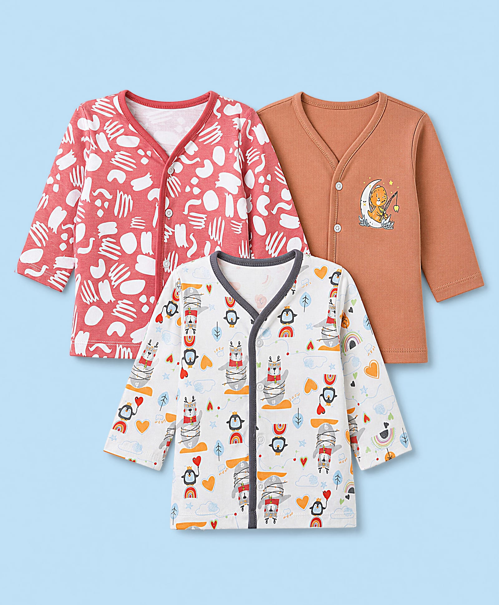 OHMS Single Jersey Knit Full Sleeves Jhablas With Teddy Bear Print - Rust Orange, Pink & Offwhite-image-18