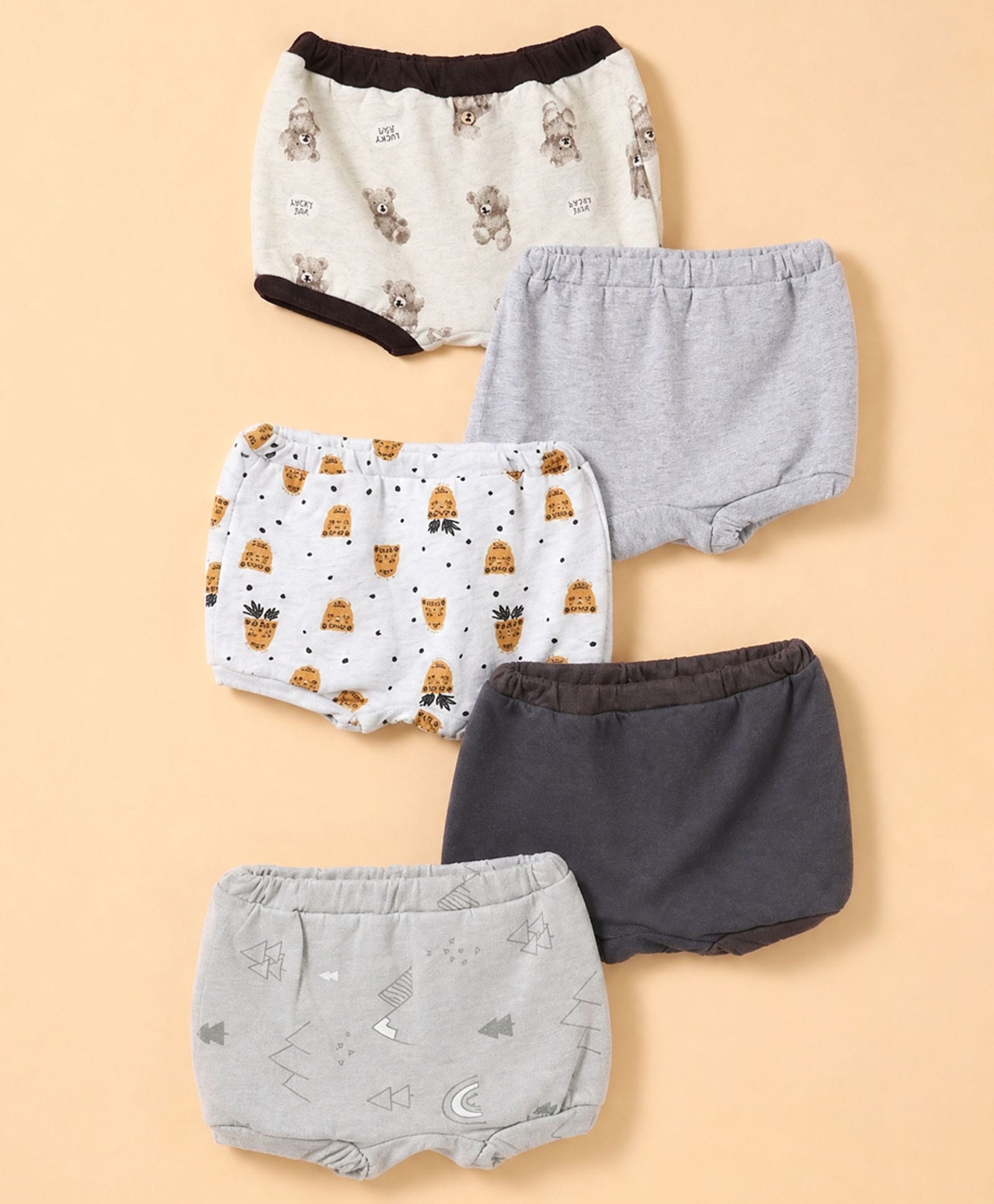 OHMS Single Jersey Knit Solid Bloomers With Teddy Bear Print Pack of 5 - Grey Neavy Blue White-image-32