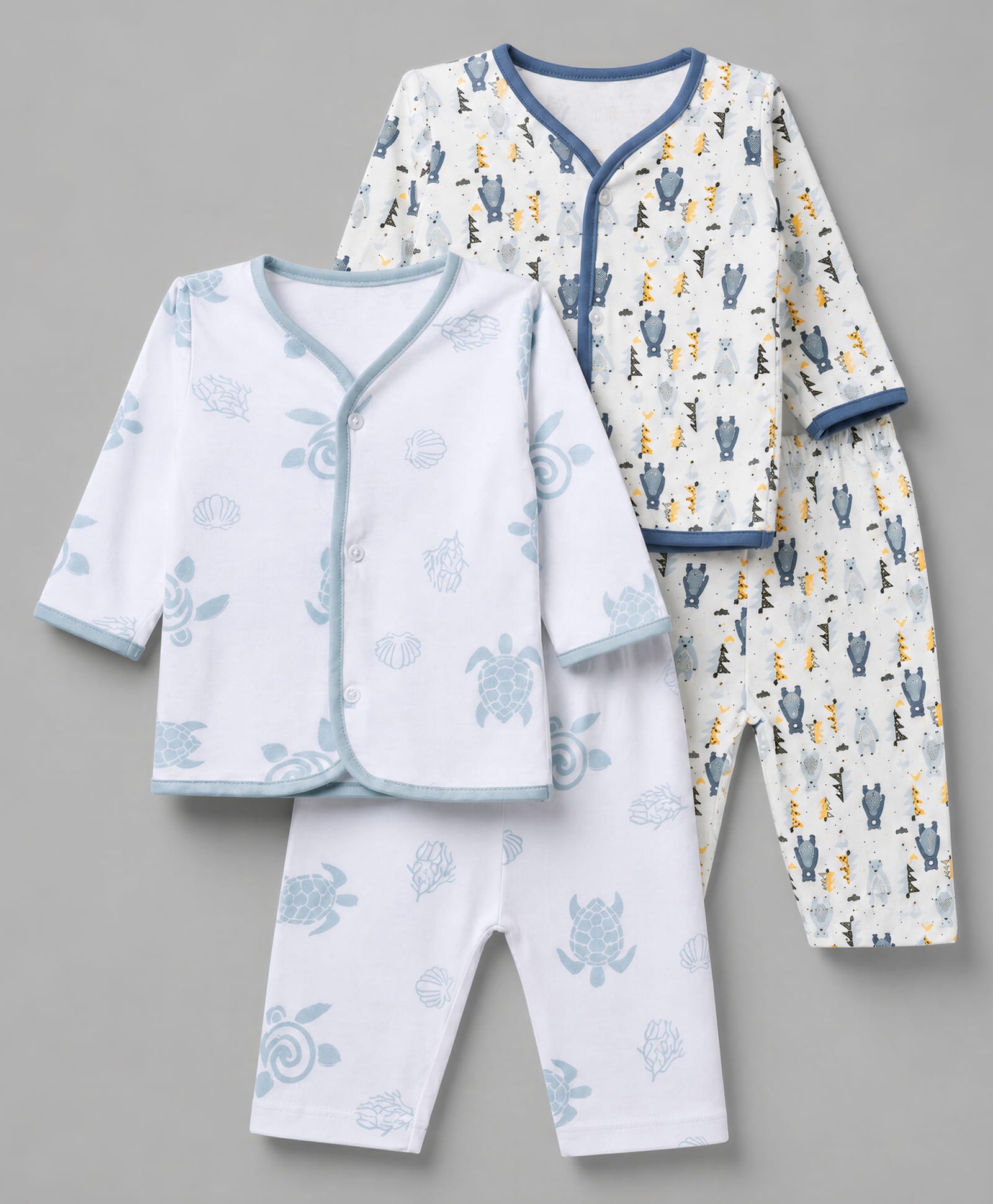 OHMS Single Jersey Knit Full Sleeves Co-Ords T-Shirt & Pyjama Night Suit with Tortoise & Snow Bear Print Pack of 2 - White & Blue-image-26