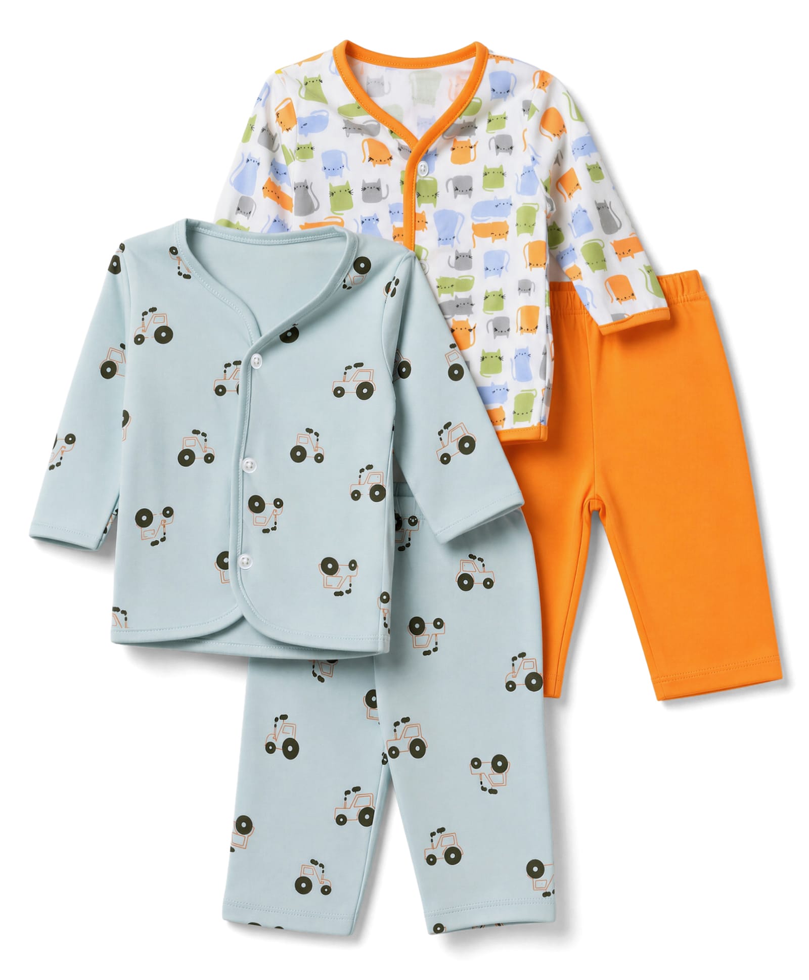 OHMS Single Jersey Knit Full Sleeves Co-Ords T-Shirt & Pyjama Night Suit with Vehicle & Cat Print Pack of 2 - Orange & Sea Green-image-38