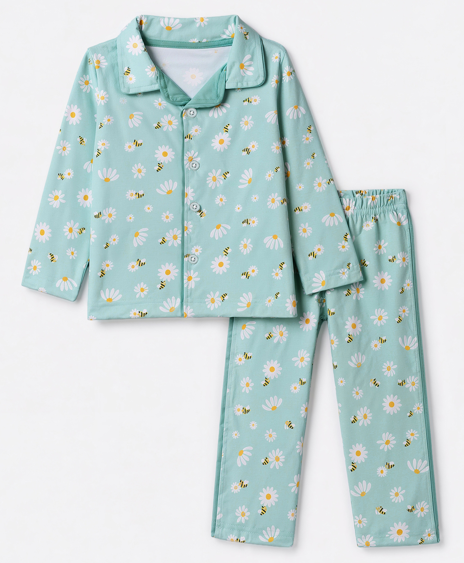 OHMS Single Jersey Knit Full Sleeves Shirt & Pyjama Night Suit Co-Ords Set With Floral & Bees Print - Light Blue-image-16