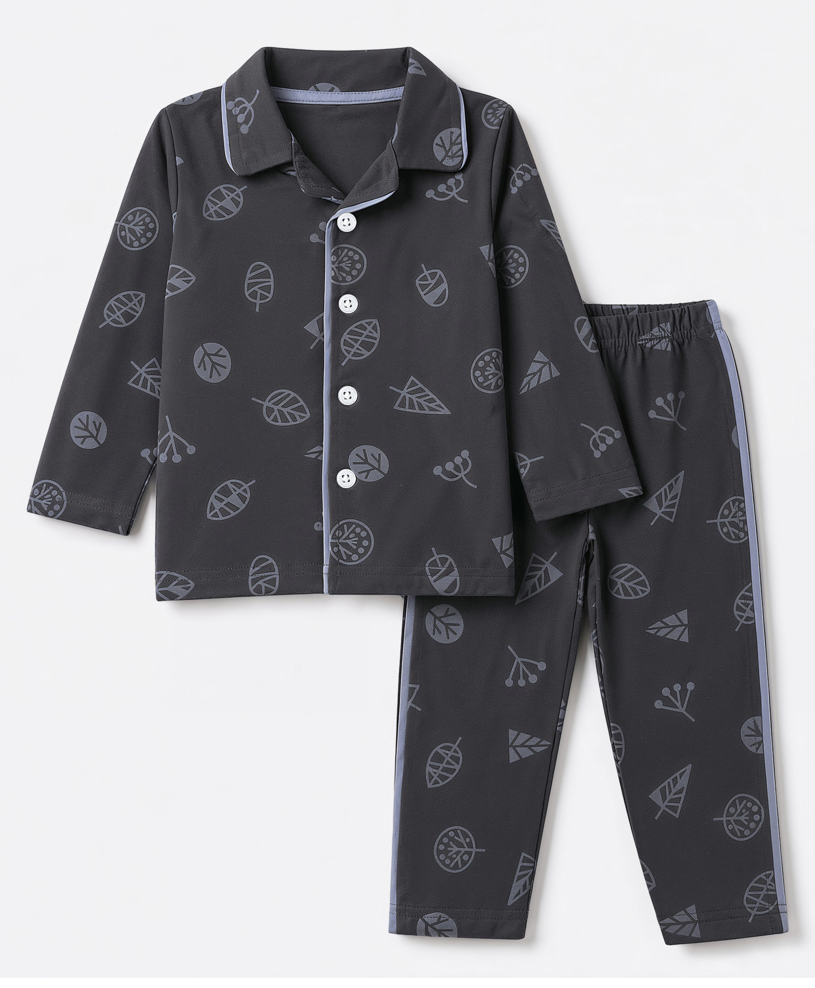 OHMS Single Jersey Knit Full Sleeves Shirt & Pyjama Night Suit Co-Ords Set With Leaf Print - Charcoal Grey-image-15