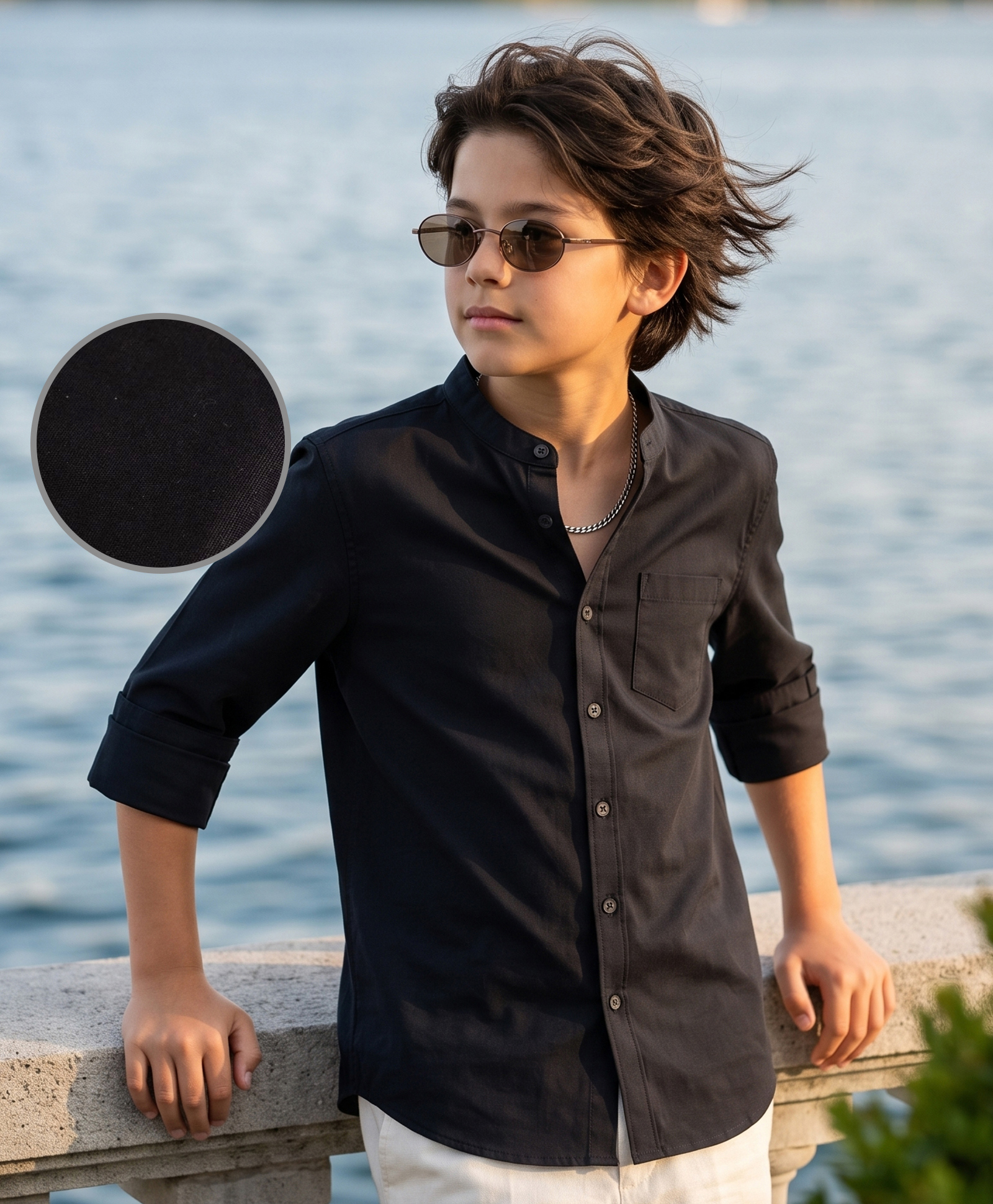 Pine Kids Cotton Woven Solid Shirt with Full Sleeves - Black-image-2