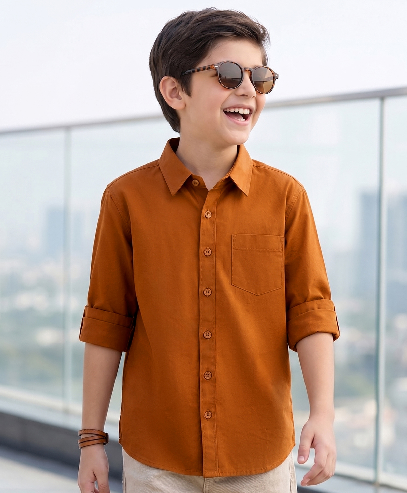 Pine Kids Cotton Woven Full Sleeves Solid Colour Shirt-Rust Orange-picture-39