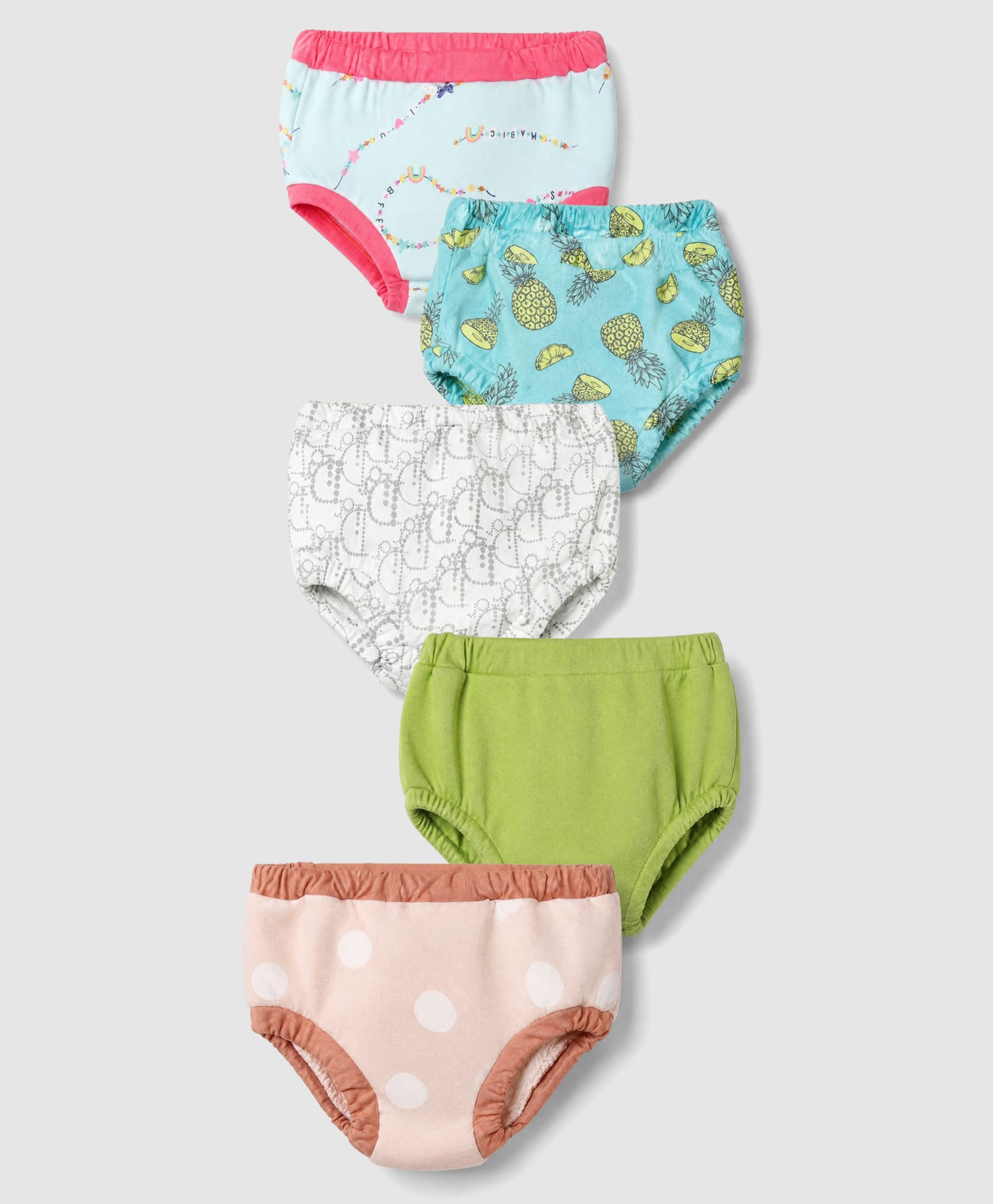 OHMS Single Jersey Knit Panties Rainbow Pineapple Abstract Polka Dots Print Pack of 5 - Light Green Blue Beige-image-29