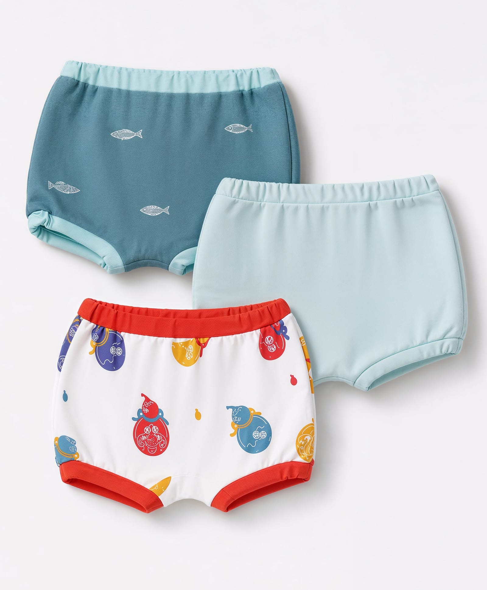 OHMS Single Jersey Knit Solid Bloomers With Fish Print Pack of 3 - Blue Light Blue Red-image-26
