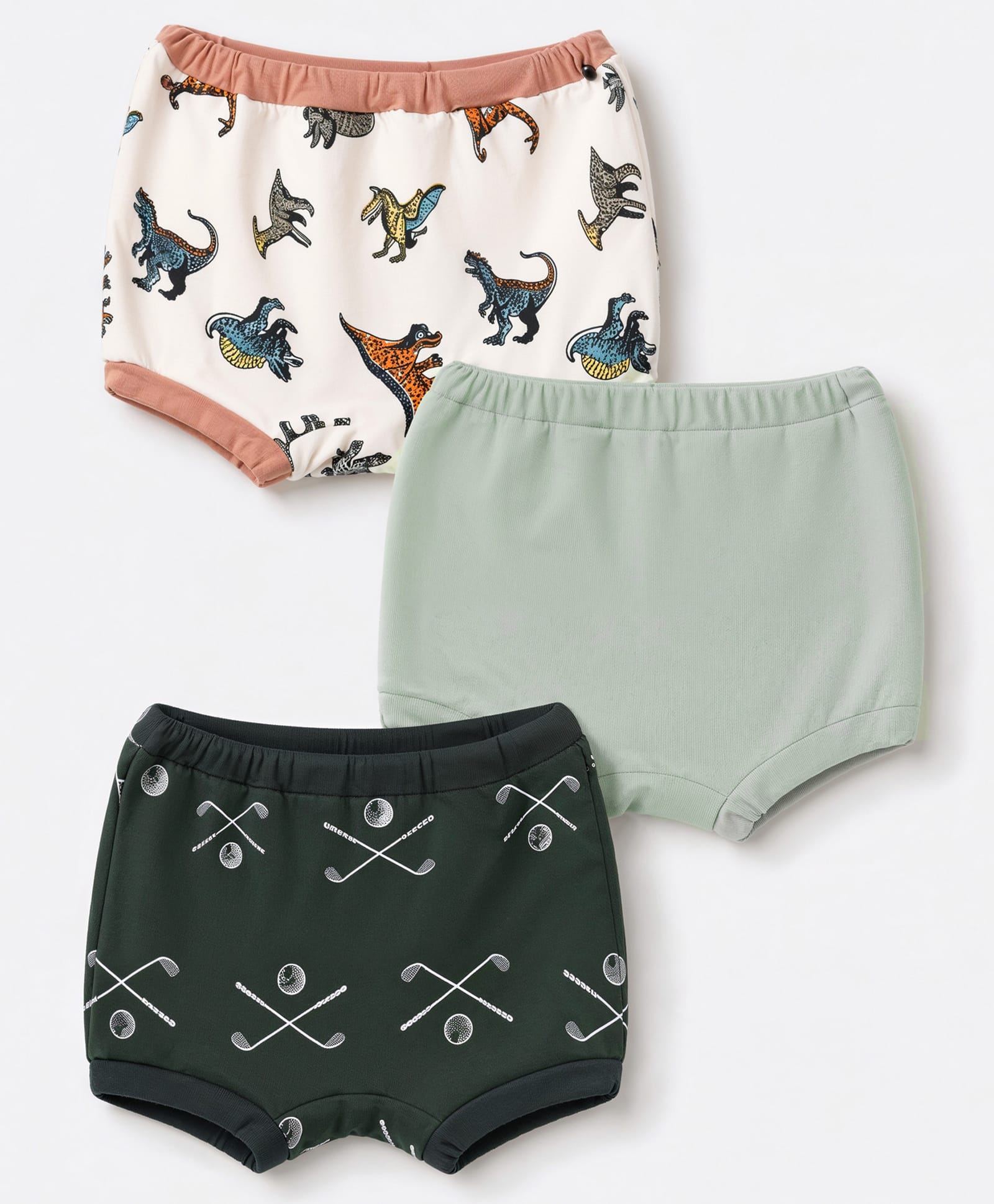 OHMS Single Jersey Knit Bloomers With Dinasour & Golf Club and Ball Print Pack of 3 - Green Bottle Green White-image-3