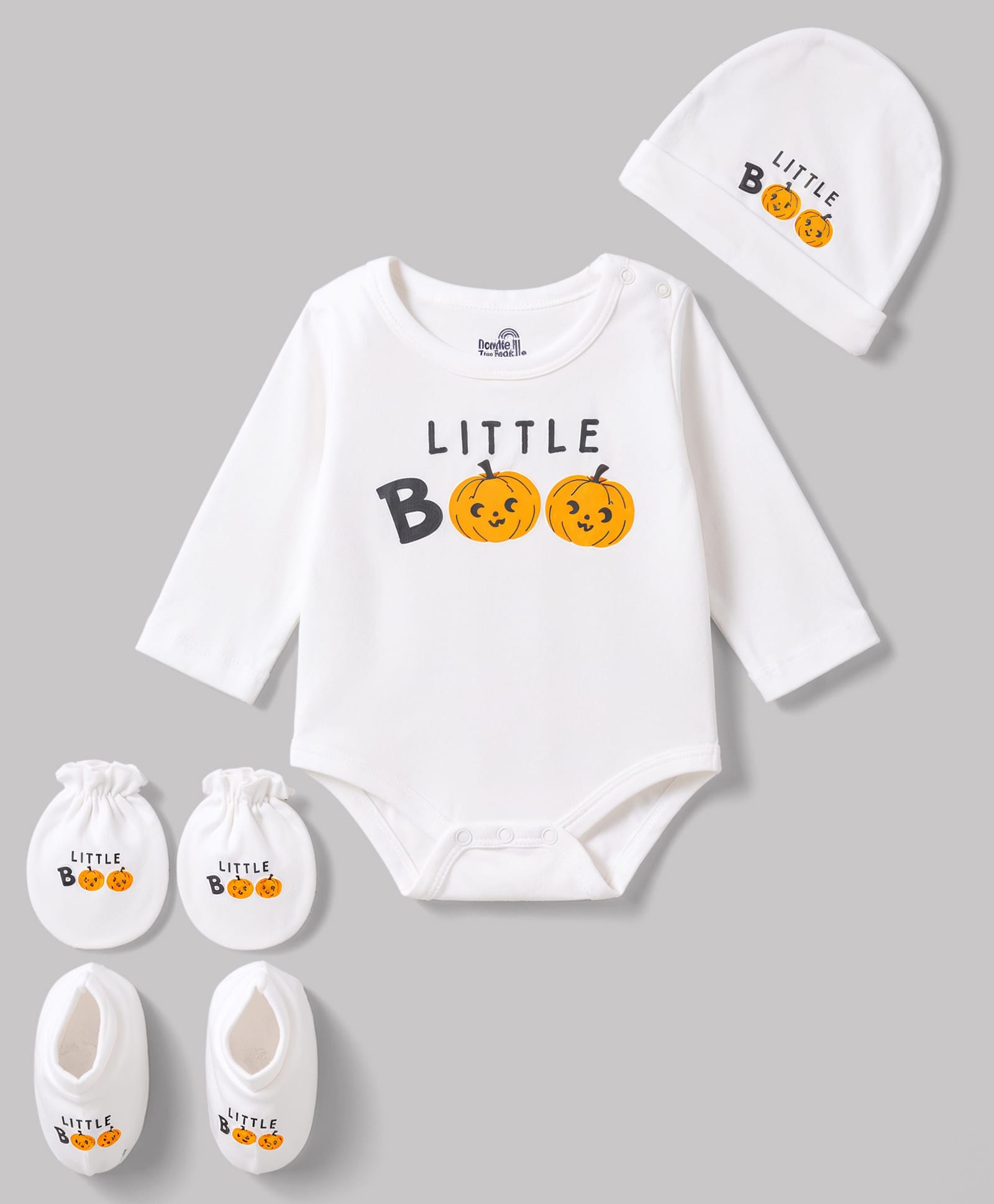 Doodle Poodle 100% Cotton Interlock Knit Full Sleeves Printed Onesie With Cap Mittens & Booties - White-image-43