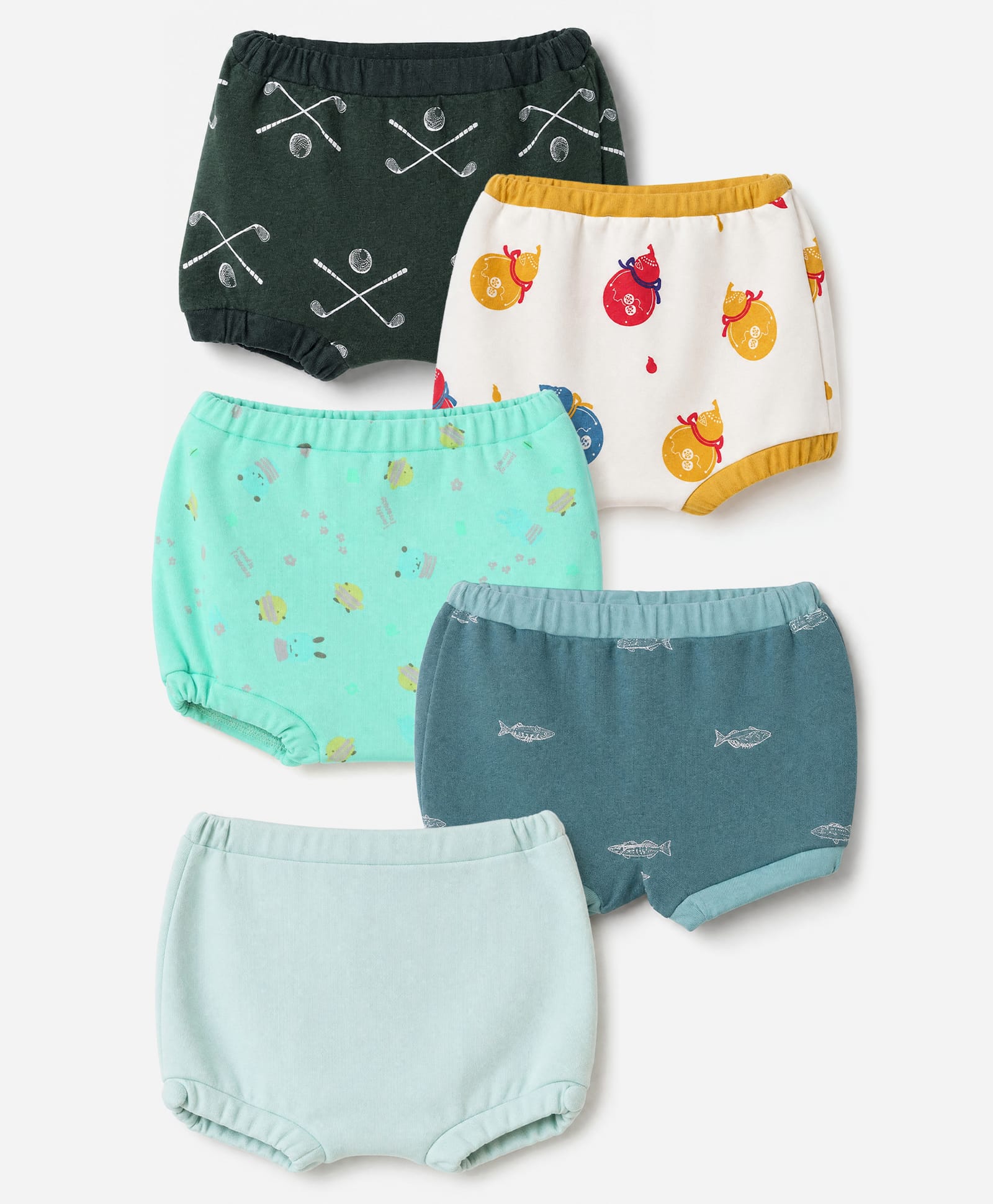 OHMS Single Jersey Knit Solid Bloomers Golf Club & Ball & Fish Print Pack of 5 - Green Blue Yellow Light Green-image-33