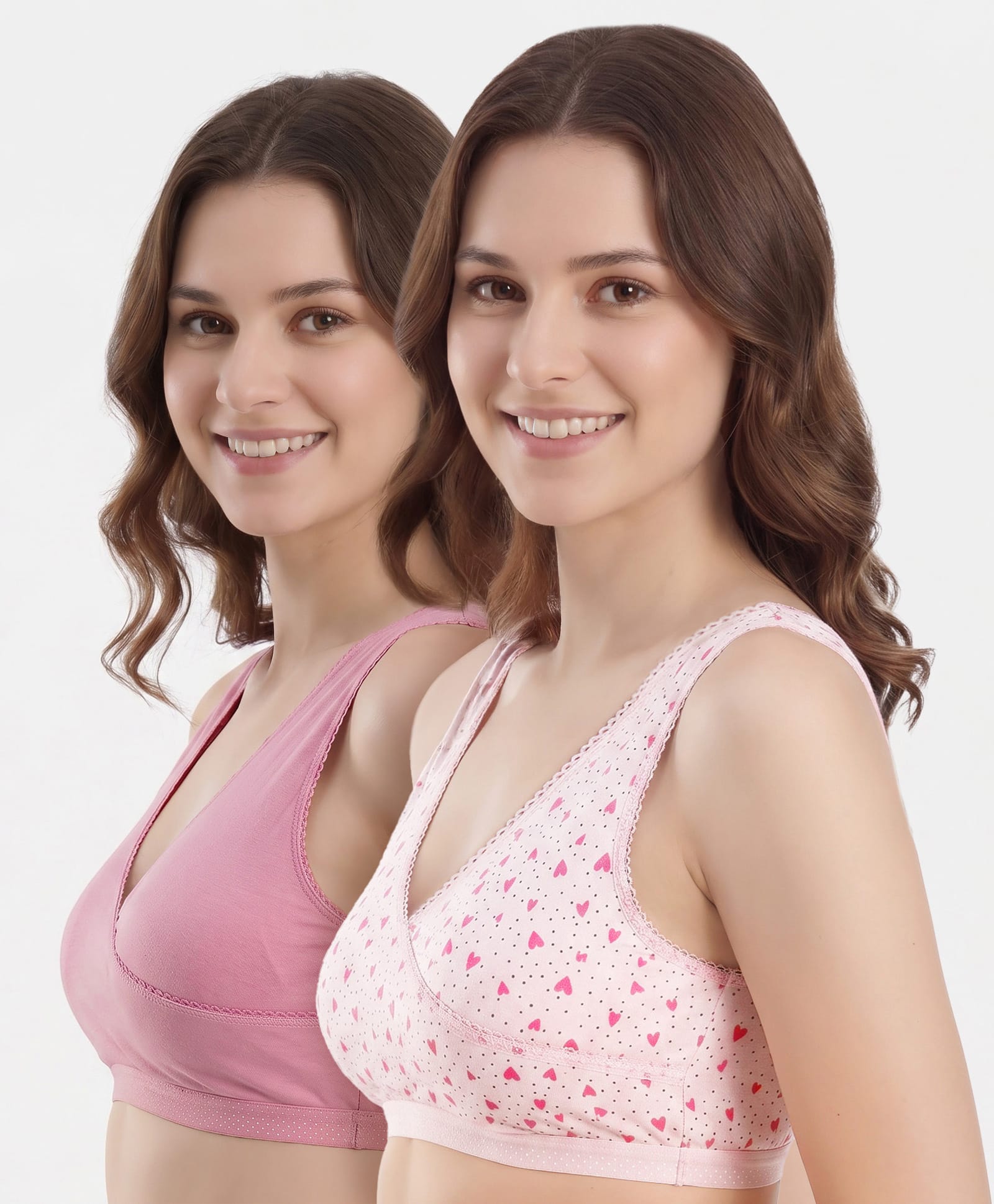 Bella Mama Cotton Elastane Sleep Bra Heart & Polka Dot Print Pack of 2 - Pink & White-image-44