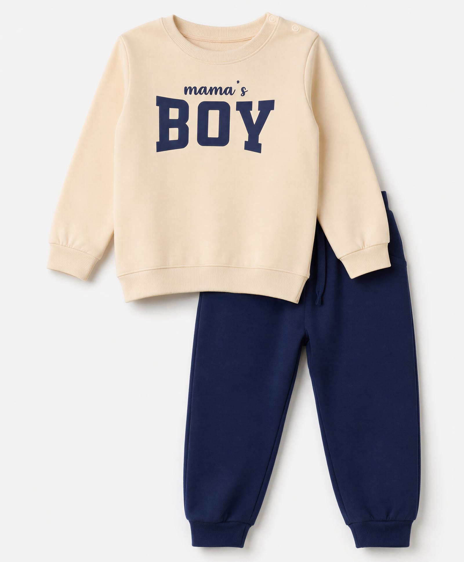 Doodle Poodle 100% Cotton Looper Terry Knit Full Sleeves Winter Wear Suit With Text Print - Beige & Navy Blue-image-36