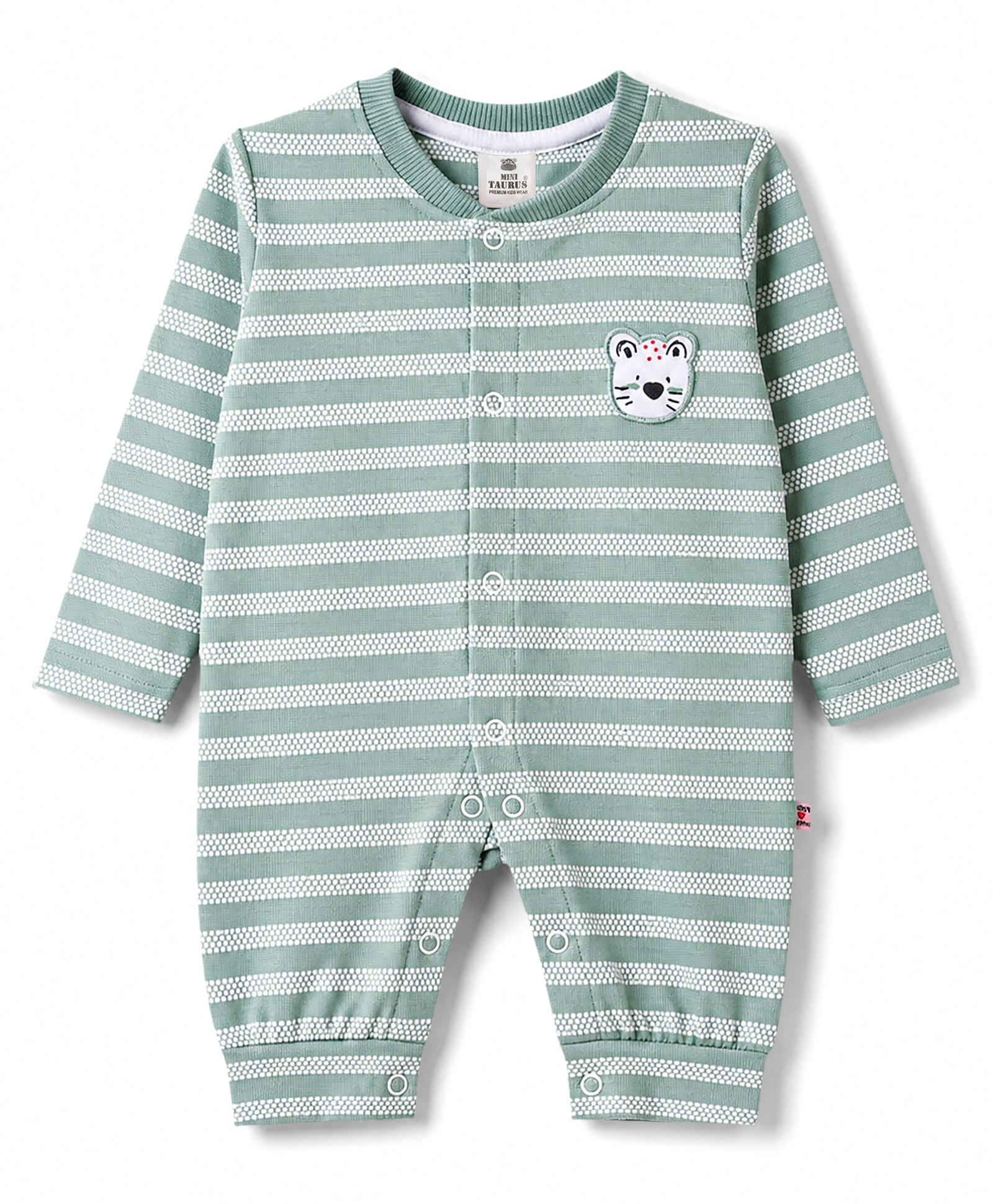 Mini Taurus Knitted Full Sleeves Striped Romper With Bear Face Applique - Sea Green-picture-29
