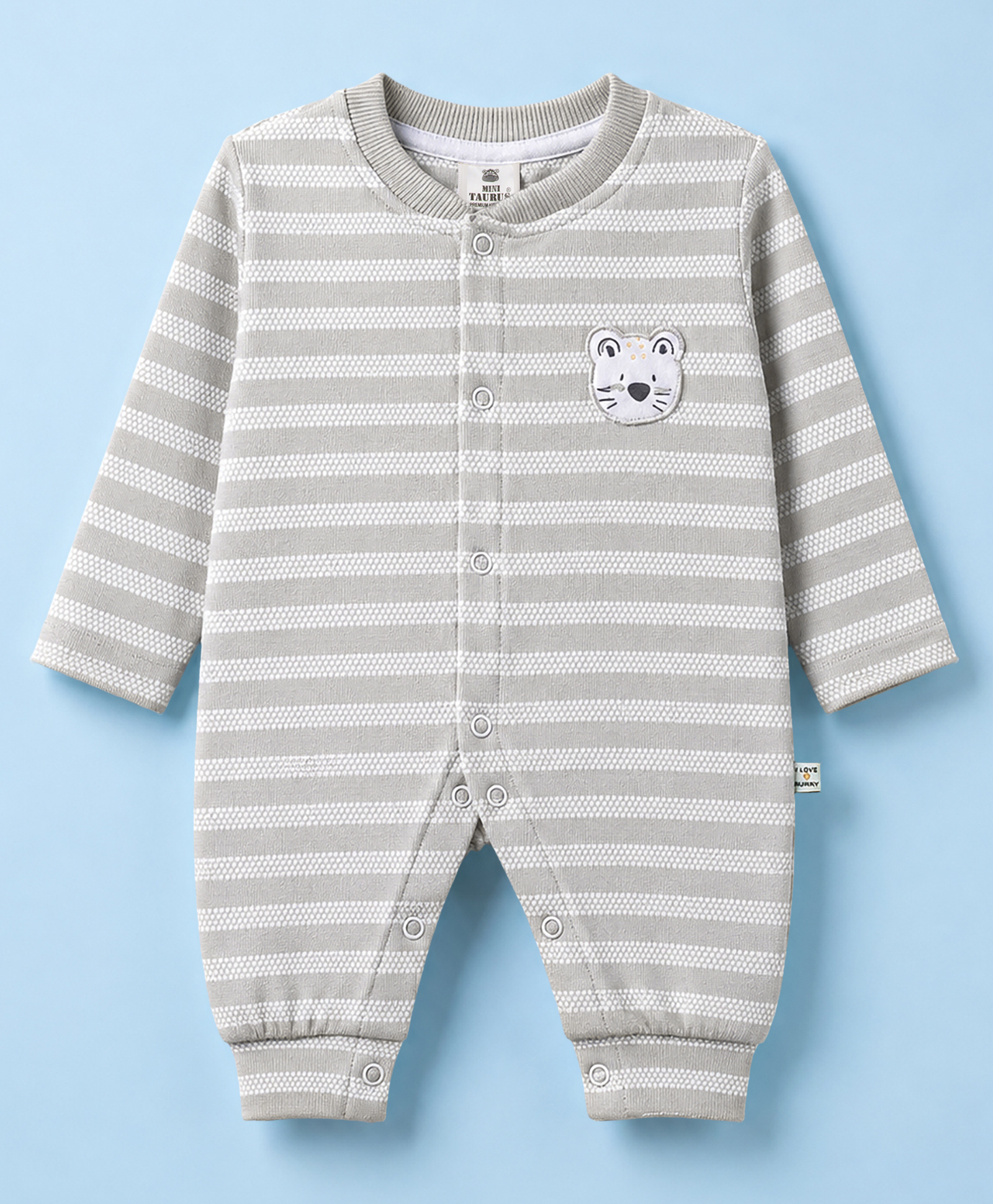 Mini Taurus Knitted Full Sleeves Striped Romper With Bear Face Applique -Grey-image-6