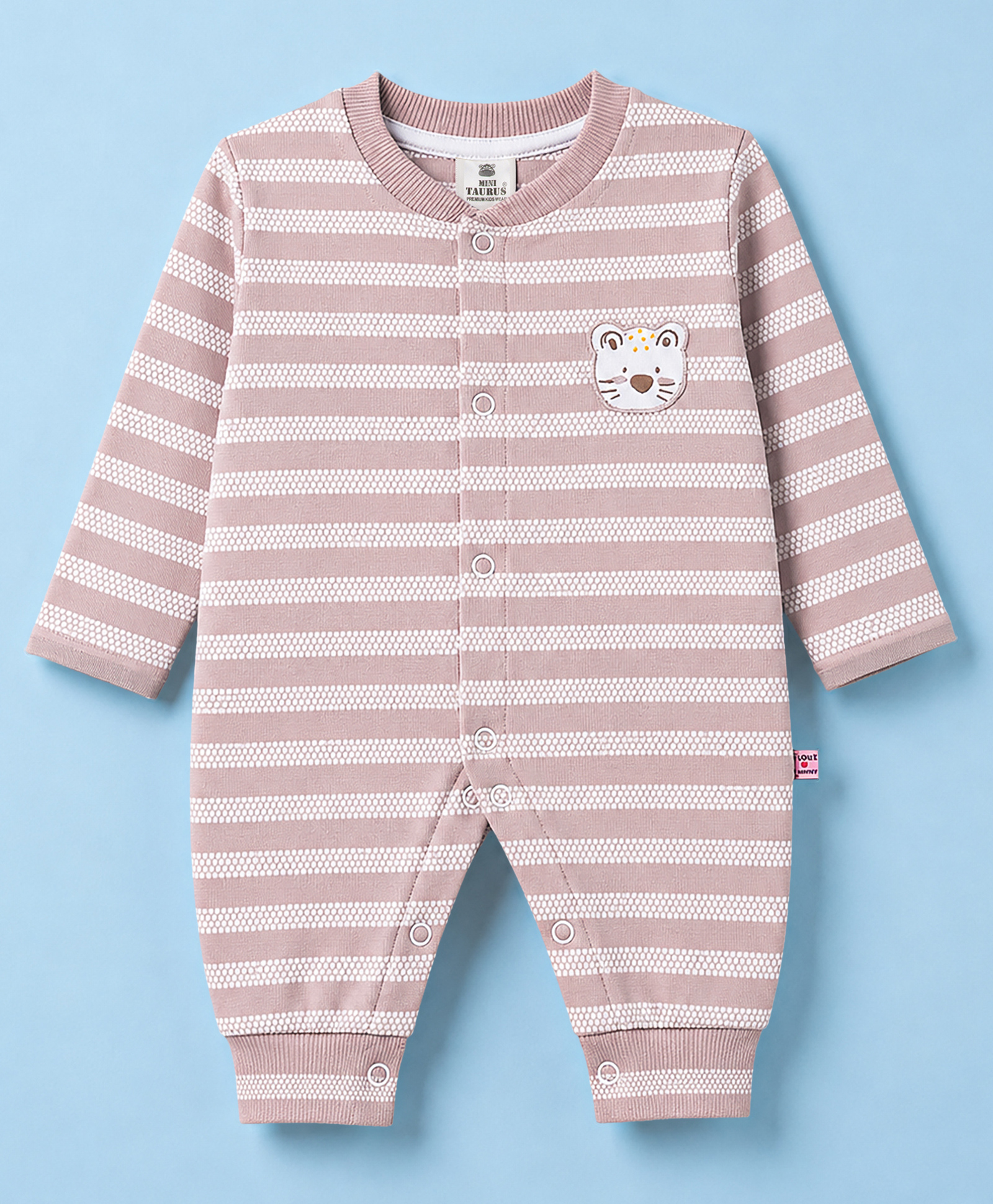 Mini Taurus Knitted Full Sleeves Striped Romper With Bear Face Applique - Mauve-image-39