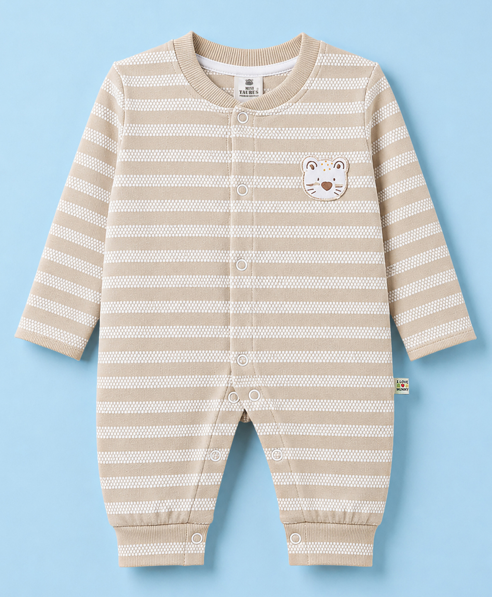 Mini Taurus Knitted Full Sleeves Striped Romper With Bear Face Applique - Beige-image-5