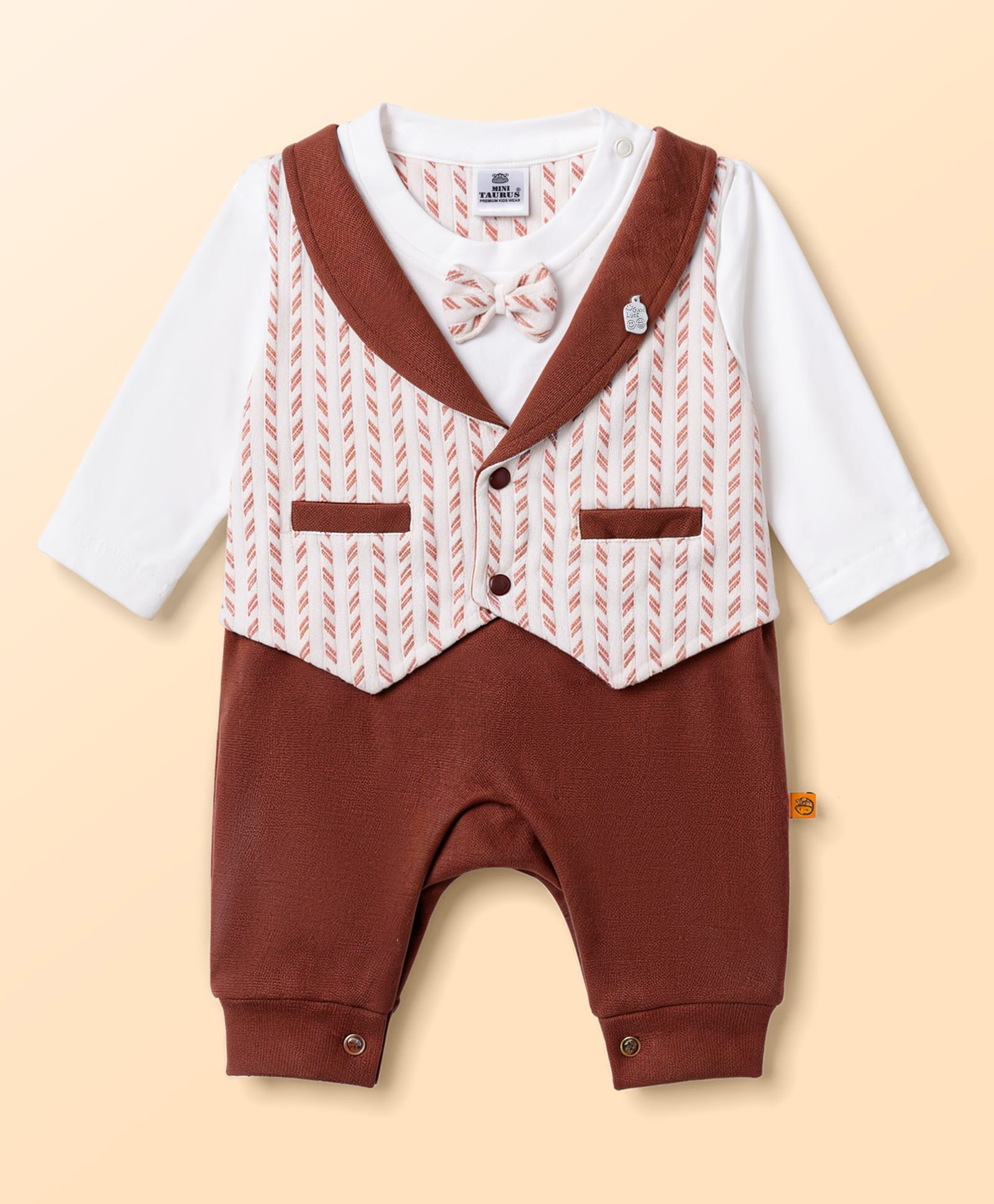 Mini Taurus Knit Full Sleeves Striped Party Romper with Attached Bow - Maroon-picture-22