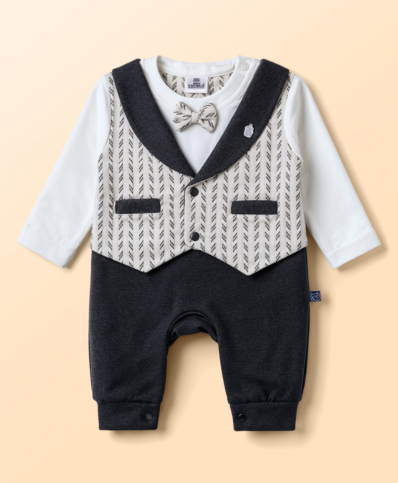 Mini Taurus Knit Full Sleeves Striped Party Romper with Attached Bow - Charcoal Grey-picture-9
