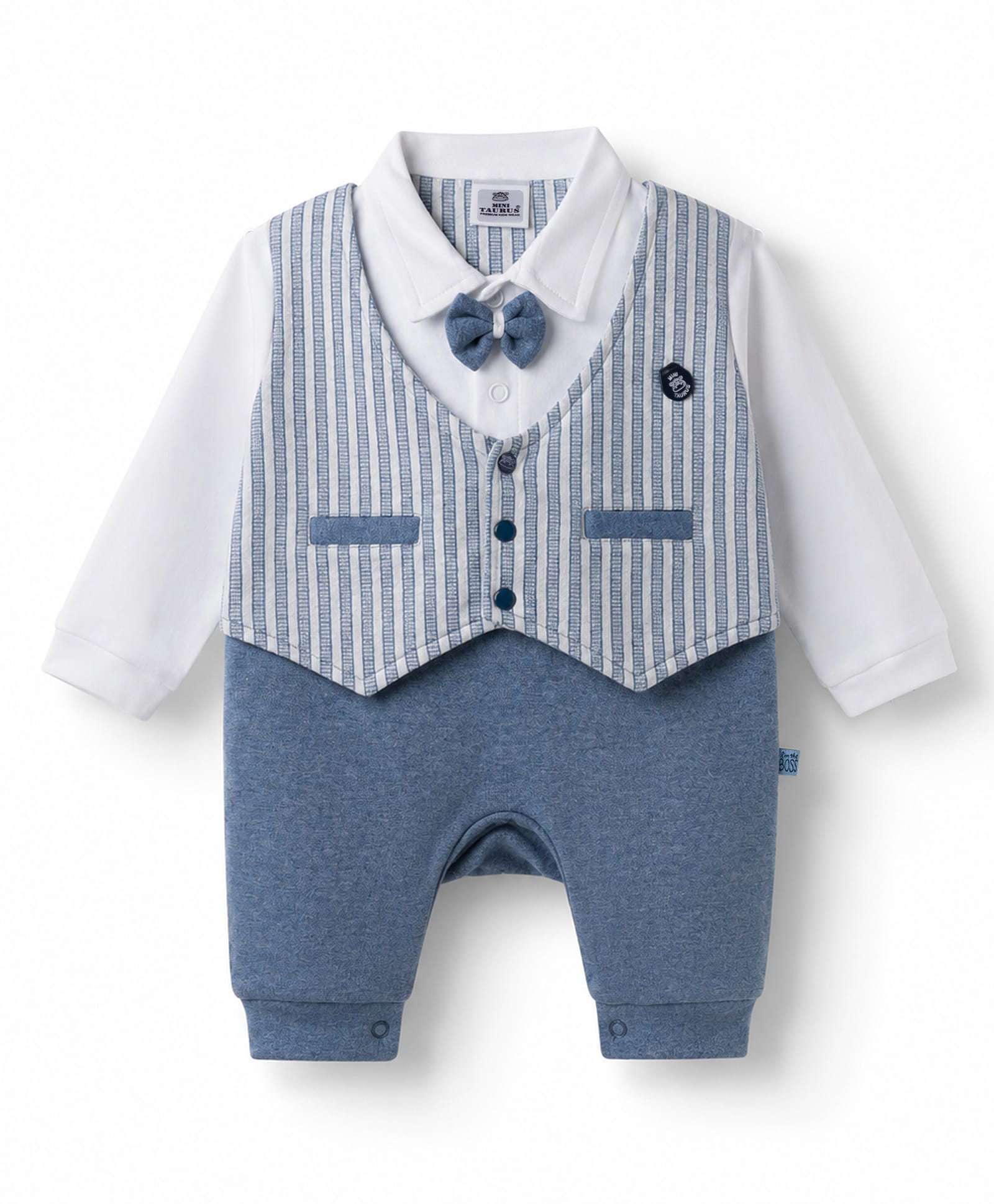 Mini Taurus Knit Full Sleeves Striped Party Romper with Attached Bow - Blue-picture-18