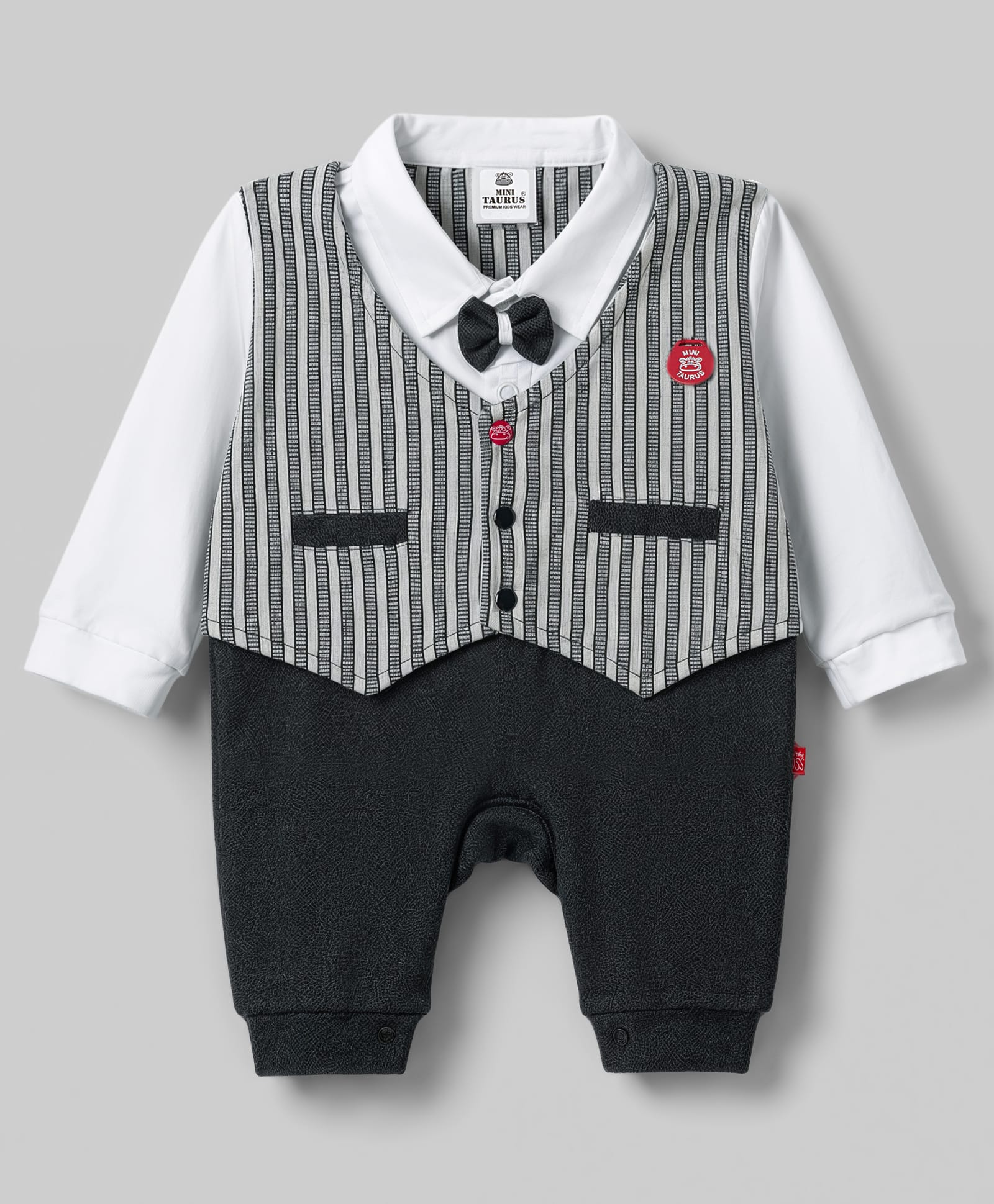 Mini Taurus Knit Full Sleeves Striped Party Romper with Attached Bow - Charcoal Grey-picture-16