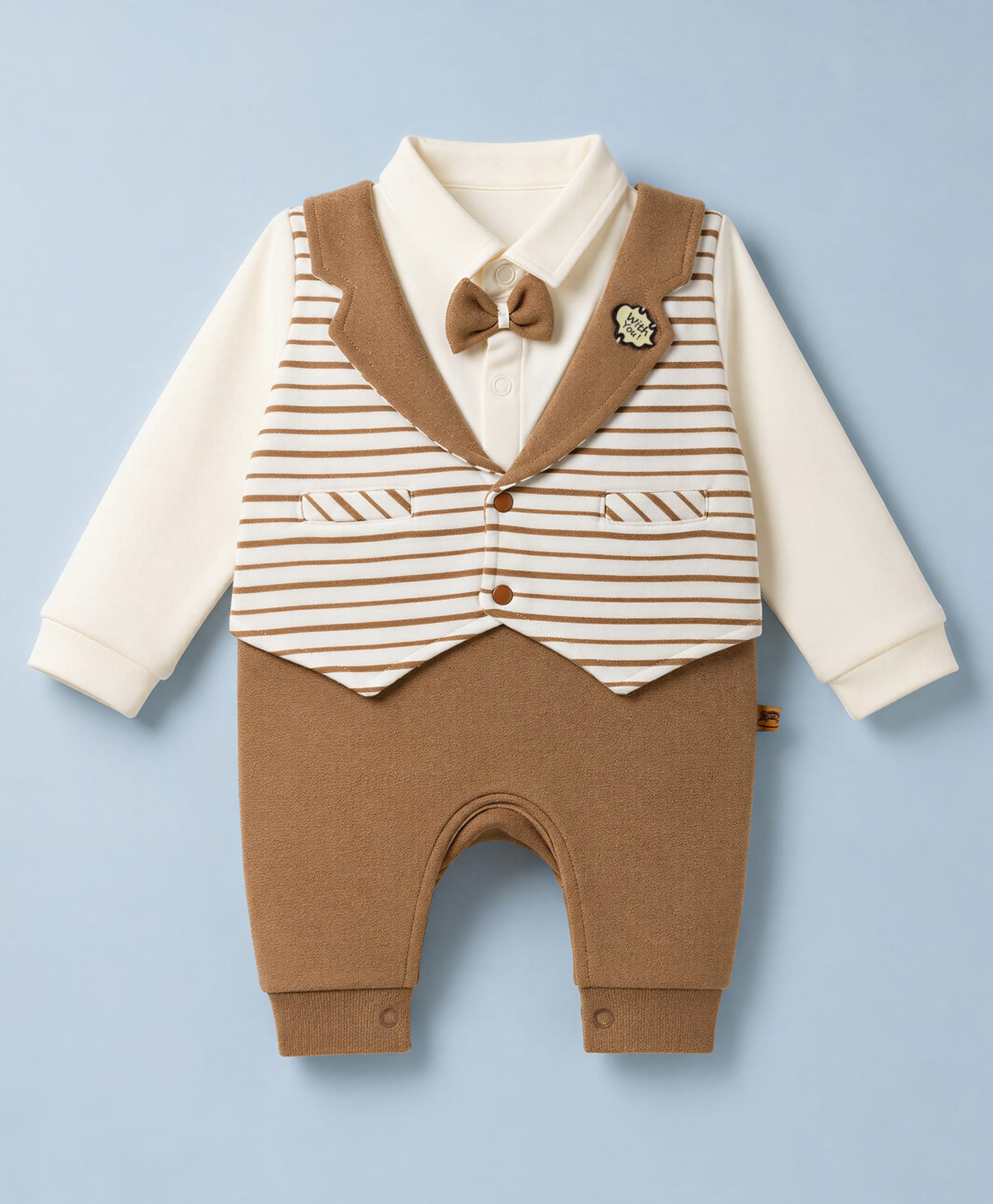 Mini Taurus Knit Full Sleeves Striped Party Romper with Attached Bow -Tan-image-4