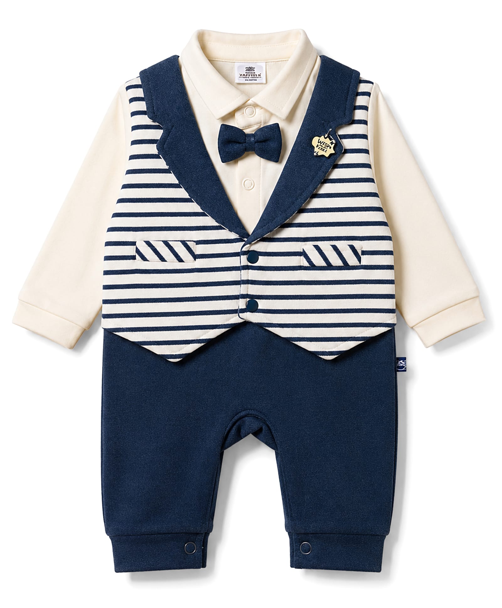 Mini Taurus Knit Full Sleeves Striped Party Romper with Attached Bow - Navy-picture-13